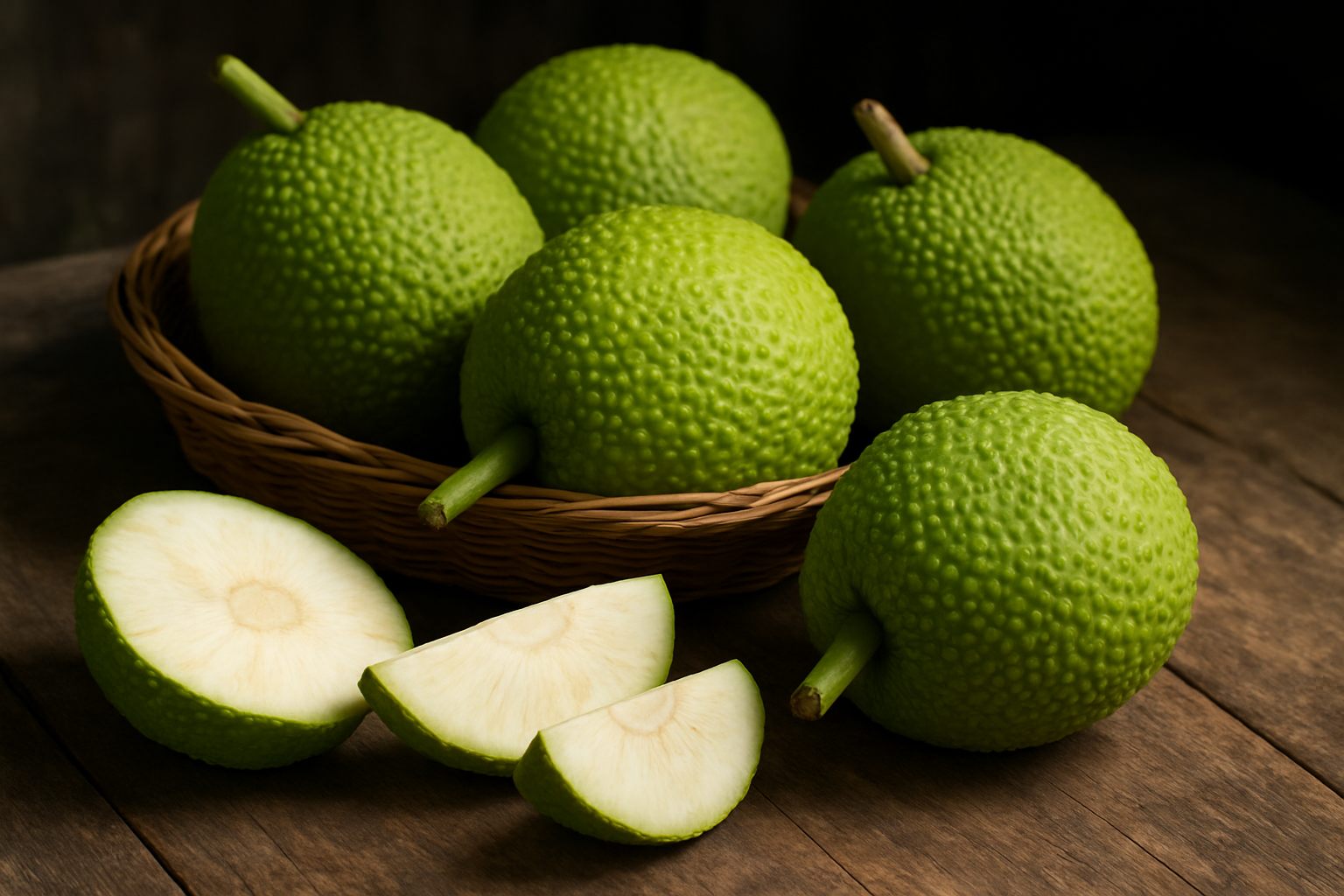 Create a realistic image of fresh whole breadfruits with their characteristic green, bumpy textured skin displayed on a rustic wooden surface, alongside cut breadfruit pieces showing the white flesh interior, with some breadfruits stored in a woven basket and others placed in a cool, shaded area that suggests proper storage conditions, captured in natural daylight with soft shadows that emphasize the fruits' unique texture and size, absolutely NO text should be in the scene.