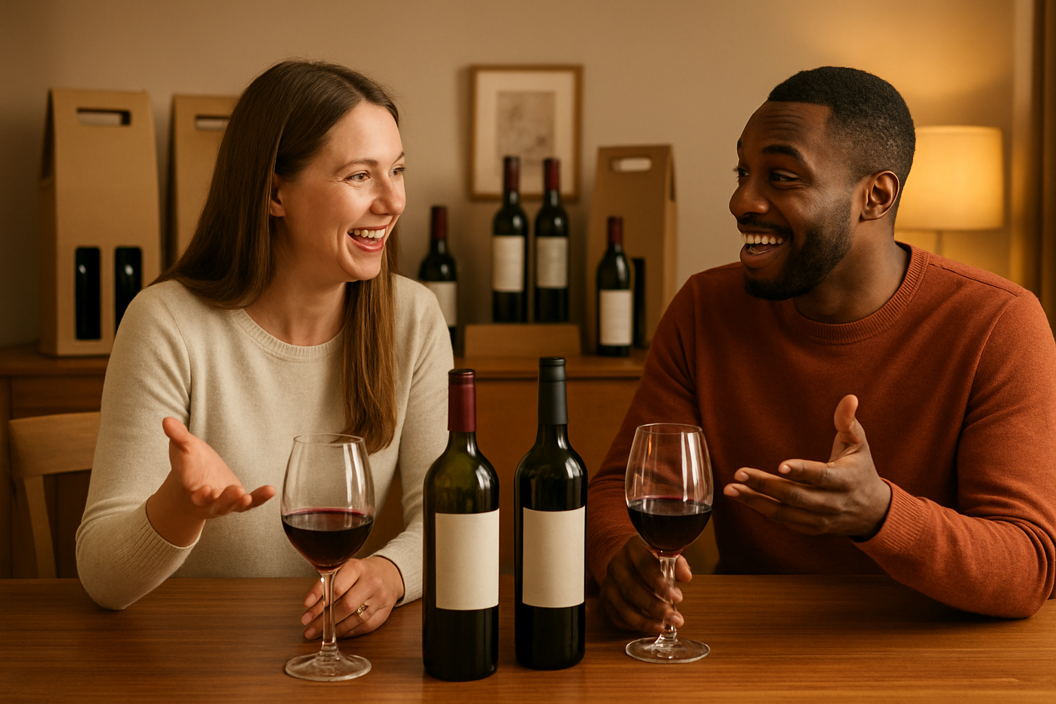 Create a realistic image of diverse customers sharing their wine experiences, featuring a white female and black male sitting at a modern wooden table with wine glasses and opened wine bottles from gift bundles, both gesturing enthusiastically while talking, with wine packaging boxes and bottles arranged in the background, warm ambient lighting creating a cozy atmosphere in a contemporary home setting, conveying satisfaction and positive discussion about their wine purchases, absolutely NO text should be in the scene.