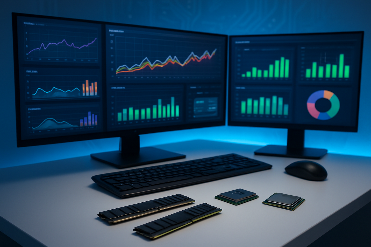 Create a realistic image of a modern computer workstation with multiple monitors displaying colorful performance graphs, memory usage charts, and system optimization metrics, featuring sleek RAM modules and CPU components arranged on a clean white desk, with soft blue LED lighting creating a high-tech atmosphere, and a subtle background showing circuit board patterns, absolutely NO text should be in the scene.