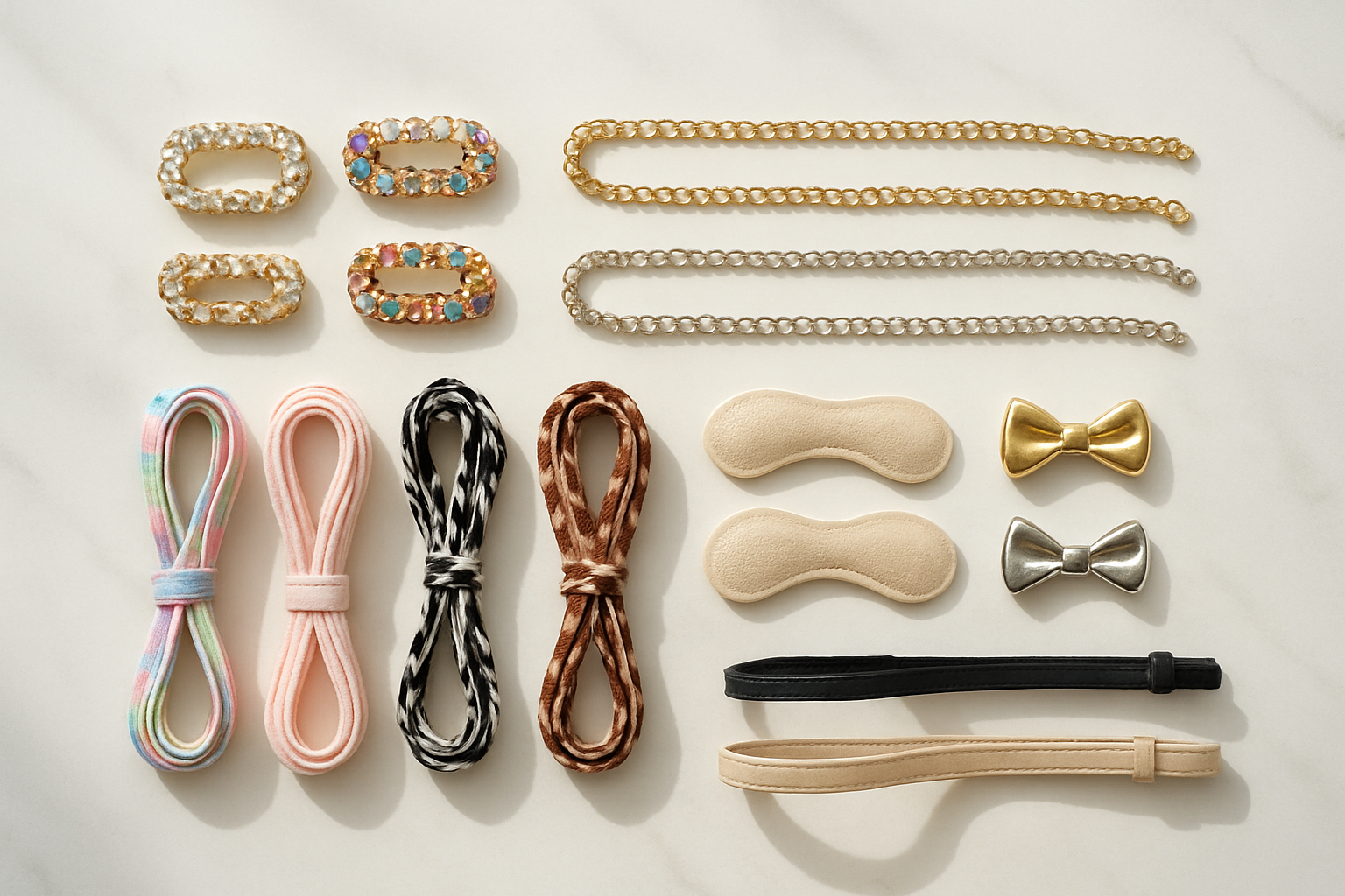 Create a realistic image of an elegant flat lay arrangement showcasing various affordable footwear accessories including colorful shoe clips with rhinestones, decorative ankle chains in gold and silver, patterned shoelaces in different colors, heel grips, bow-shaped shoe charms, and ankle straps laid out on a clean white marble surface with soft natural lighting from above creating subtle shadows, styled in an organized fashion magazine aesthetic. Absolutely NO text should be in the scene.