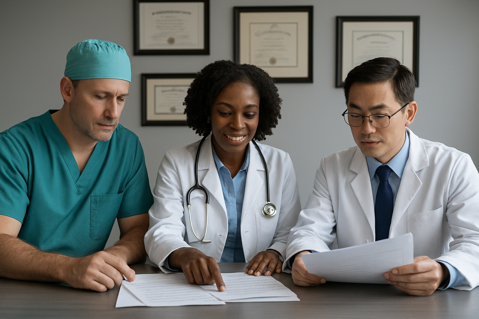 Create a realistic image of a diverse medical team consisting of a white male surgeon in surgical scrubs, a black female doctor in a white coat, and an Asian male physician reviewing patient charts and medical documents together in a modern hospital conference room, with medical diplomas and certifications visible on the wall behind them, professional lighting illuminating the scene, conveying expertise and collaboration, absolutely NO text should be in the scene.