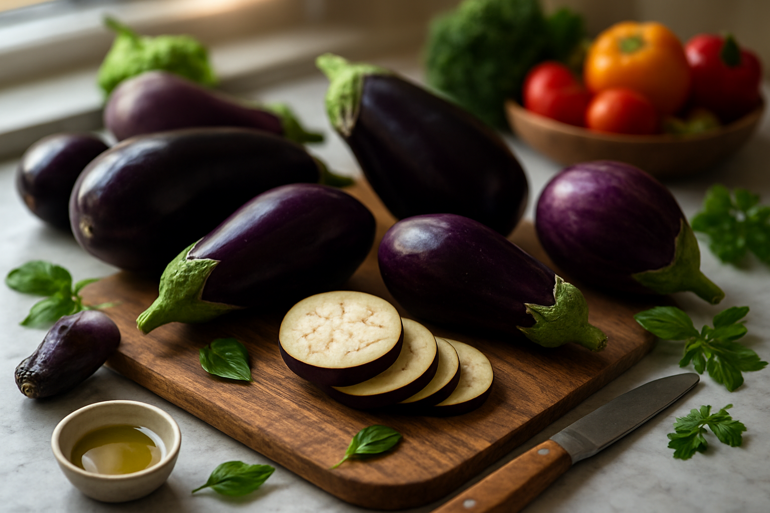 Create a realistic image of a vibrant kitchen scene featuring multiple fresh purple eggplants of different varieties and sizes arranged on a rustic wooden cutting board, with some whole eggplants displaying their glossy skin and one sliced eggplant showing the creamy white flesh with visible seeds, surrounded by cooking utensils including a sharp knife, a small bowl of olive oil, fresh herbs like basil and parsley, and colorful vegetables in the background, all set on a marble countertop with warm natural lighting streaming from a window creating soft shadows, conveying a sense of freshness, culinary preparation, and healthy cooking, absolutely NO text should be in the scene.