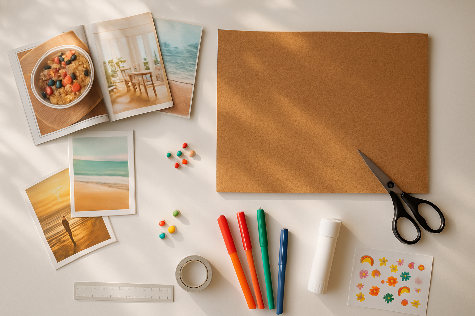 Create a realistic image of various vision board materials and tools neatly arranged on a clean white desk surface, including colorful magazines spread open, a large cork board or poster board, scissors with black handles, a glue stick, push pins, markers in different colors, printed photographs, a ruler, and small decorative elements like stickers and washi tape, with soft natural lighting from a window creating gentle shadows, warm and inspiring atmosphere. Absolutely NO text should be in the scene.
