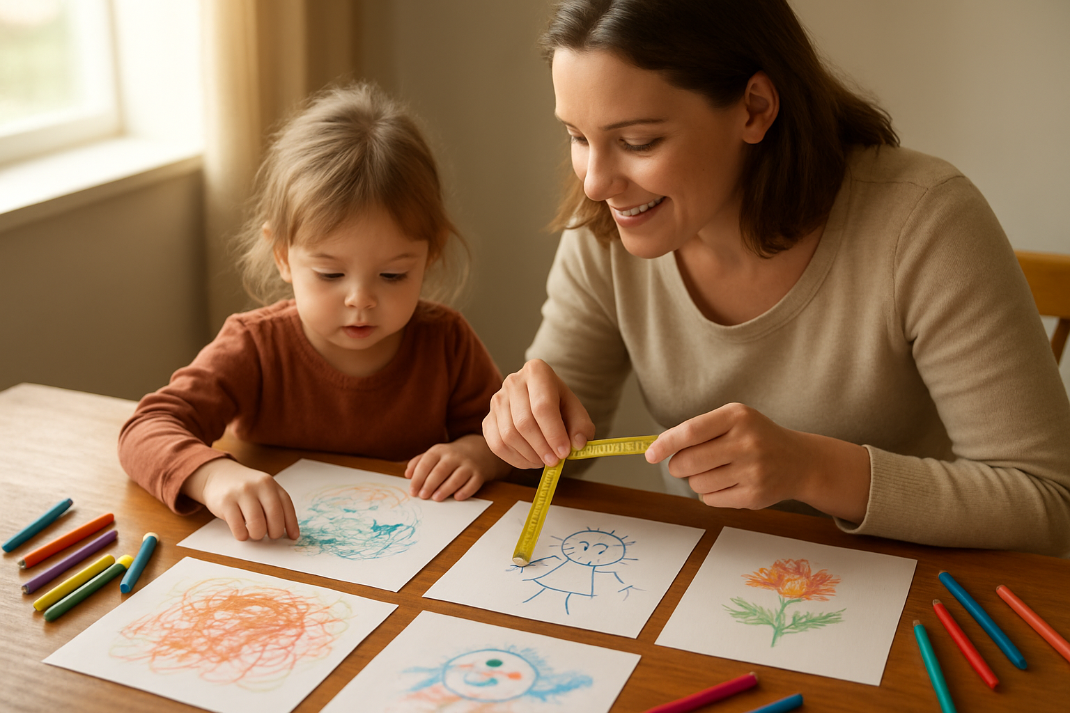 Create a realistic image of a white female parent sitting at a wooden table with her young child, looking at a collection of the child's artwork spread across the surface showing clear progression from simple scribbles to more detailed drawings, with the parent holding a measuring tape and notepad to symbolize tracking artistic development, warm natural lighting from a nearby window, encouraging and supportive atmosphere, art supplies like crayons and colored pencils scattered around, absolutely NO text should be in the scene.