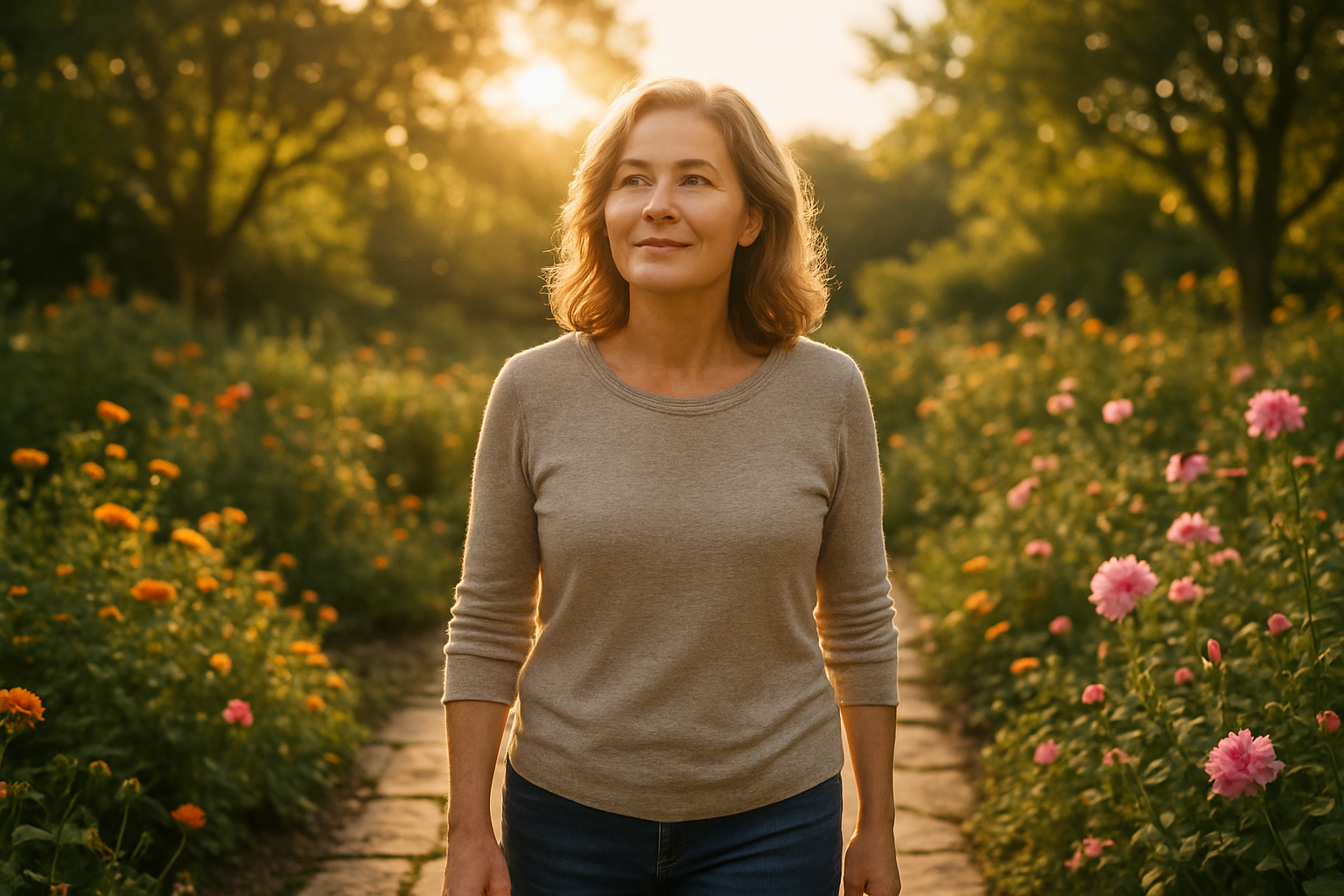 Create a realistic image of a middle-aged white woman standing on a peaceful garden path at golden hour, looking forward with a gentle, hopeful expression, surrounded by blooming flowers in various stages of growth from buds to full blooms, with warm sunlight filtering through trees creating dappled light on the stone pathway, conveying a sense of renewal, hope, and forward movement, with a soft-focus background of lush greenery and a clear sky, absolutely NO text should be in the scene.