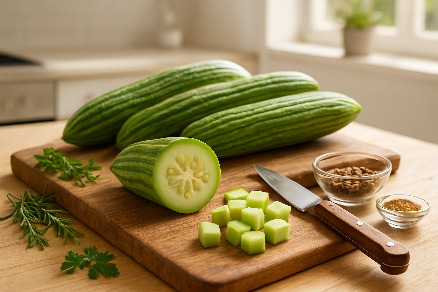 Create a realistic image of fresh snake melons on a wooden cutting board with one melon sliced to show the interior, alongside a sharp knife, some diced melon pieces in a glass bowl, and cooking ingredients like herbs and spices scattered around, set in a bright modern kitchen with natural lighting from a window, warm and inviting culinary atmosphere, absolutely NO text should be in the scene.