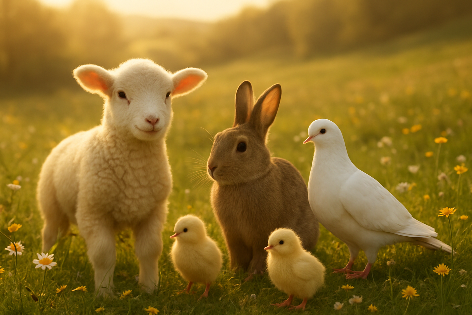 Create a realistic image of traditional Easter animals including a white lamb, brown rabbit, white dove, and yellow chicks arranged in a peaceful pastoral meadow setting with soft spring sunlight filtering through, blooming wildflowers scattered around, gentle rolling hills in the background, warm golden hour lighting creating a serene and spiritual atmosphere, absolutely NO text should be in the scene.
