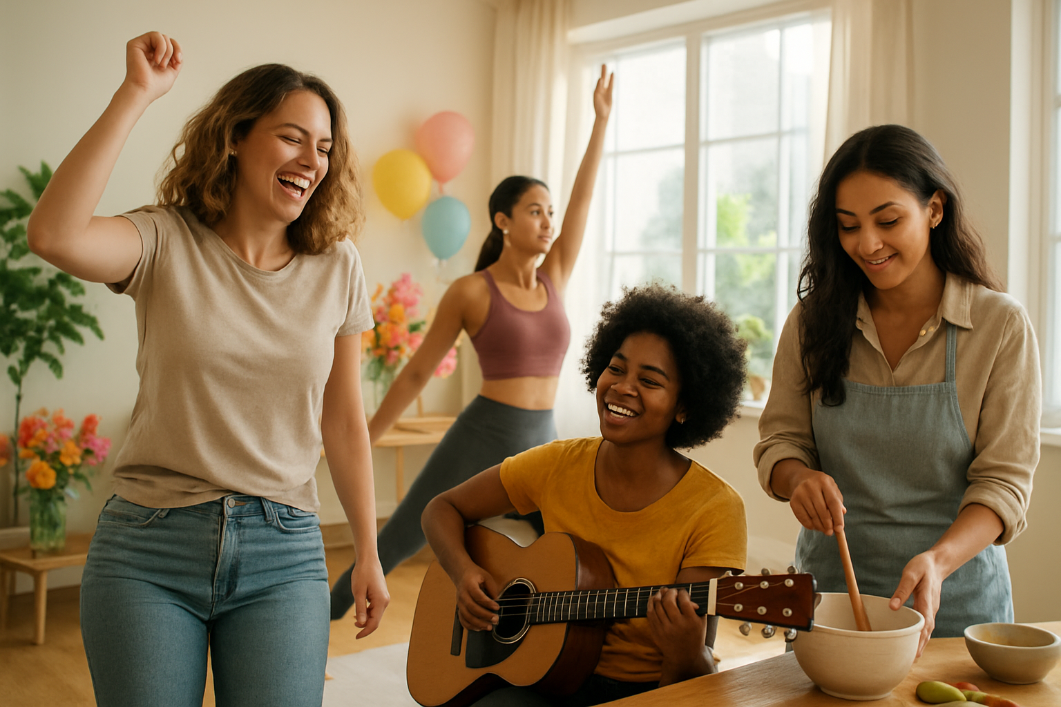 Create a realistic image of a diverse group of women of different races (white, black, Asian, Latina) engaged in various entertainment and lifestyle activities celebrating womanhood, including one woman dancing joyfully, another playing a musical instrument, one doing yoga or fitness, and another cooking or crafting, set in a bright, modern indoor space with natural lighting streaming through large windows, colorful decorations like flowers and balloons in the background, warm and celebratory atmosphere with soft natural lighting, absolutely NO text should be in the scene.