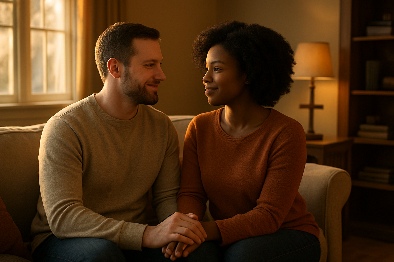 Create a realistic image of a warm, inviting living room scene with a white male and black female couple sitting together on a comfortable couch, holding hands and looking at each other with gentle, loving expressions that convey trust and deep connection, with soft golden hour lighting streaming through nearby windows, a wooden cross subtly displayed on a side table or bookshelf in the background, warm earth-tone colors throughout the room, and an atmosphere of peace and intimacy that reflects strong character and faith-based relationship values, absolutely NO text should be in the scene.