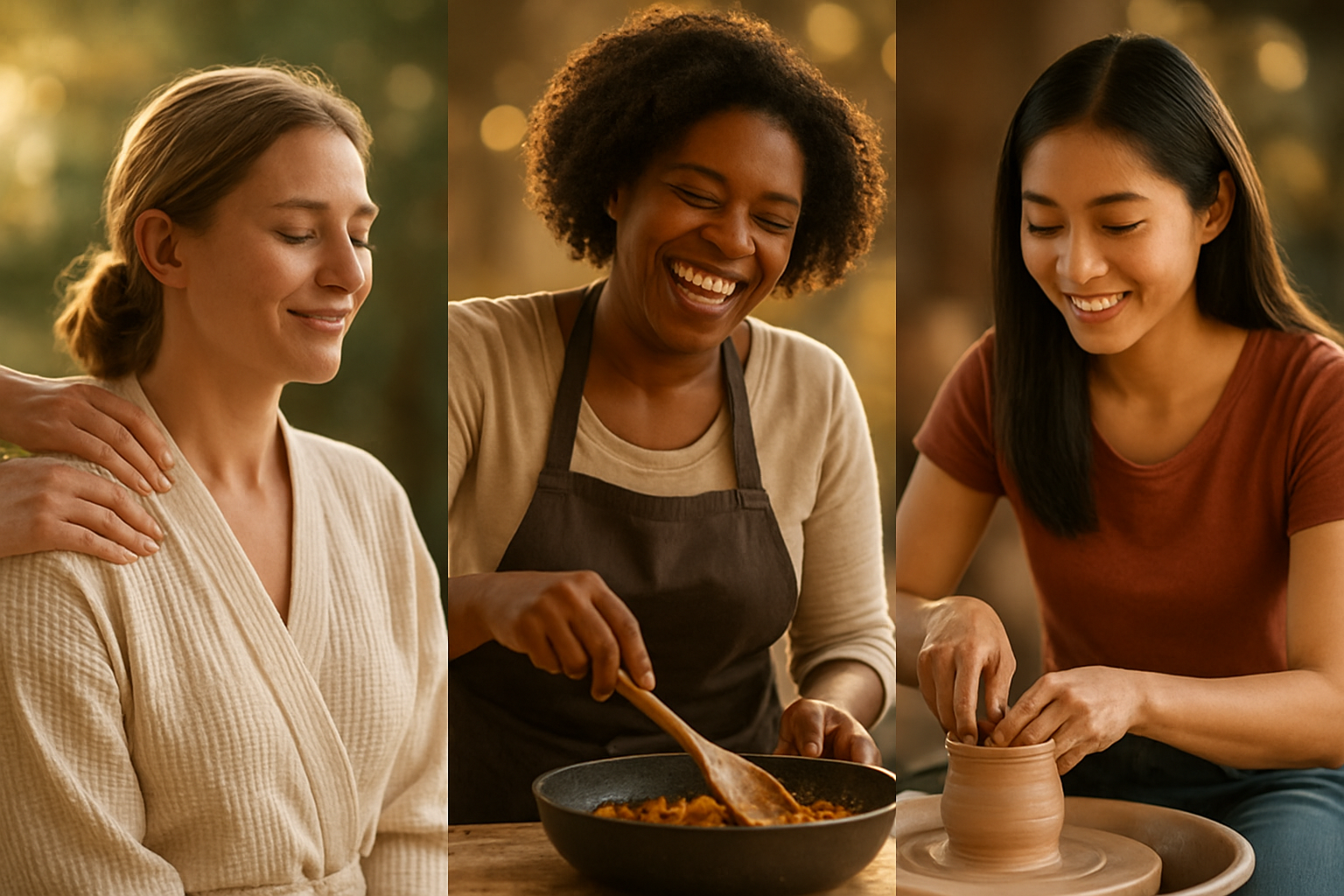Create a realistic image of a diverse group of women enjoying experiential activities together, featuring a white woman in her 30s receiving a spa treatment massage, a black woman in her 40s participating in a cooking class while laughing, and an Asian woman in her 20s at a pottery wheel creating ceramic art, all in warm natural lighting with soft bokeh background, conveying joy and meaningful experiences rather than material items, with elegant hands-on activities visible, warm golden hour lighting creating an inviting atmosphere. Absolutely NO text should be in the scene.