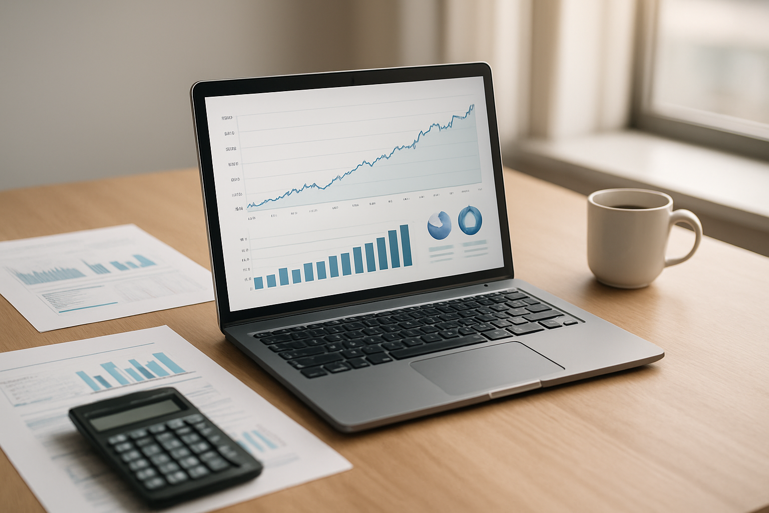 Create a realistic image of a modern investment dashboard displaying on a sleek laptop screen showing portfolio growth charts and passive income streams, surrounded by financial documents, a calculator, and a coffee cup on a clean wooden desk, with soft natural lighting from a nearby window creating a professional and successful atmosphere, representing the completion of building a sustainable passive income strategy, absolutely NO text should be in the scene.