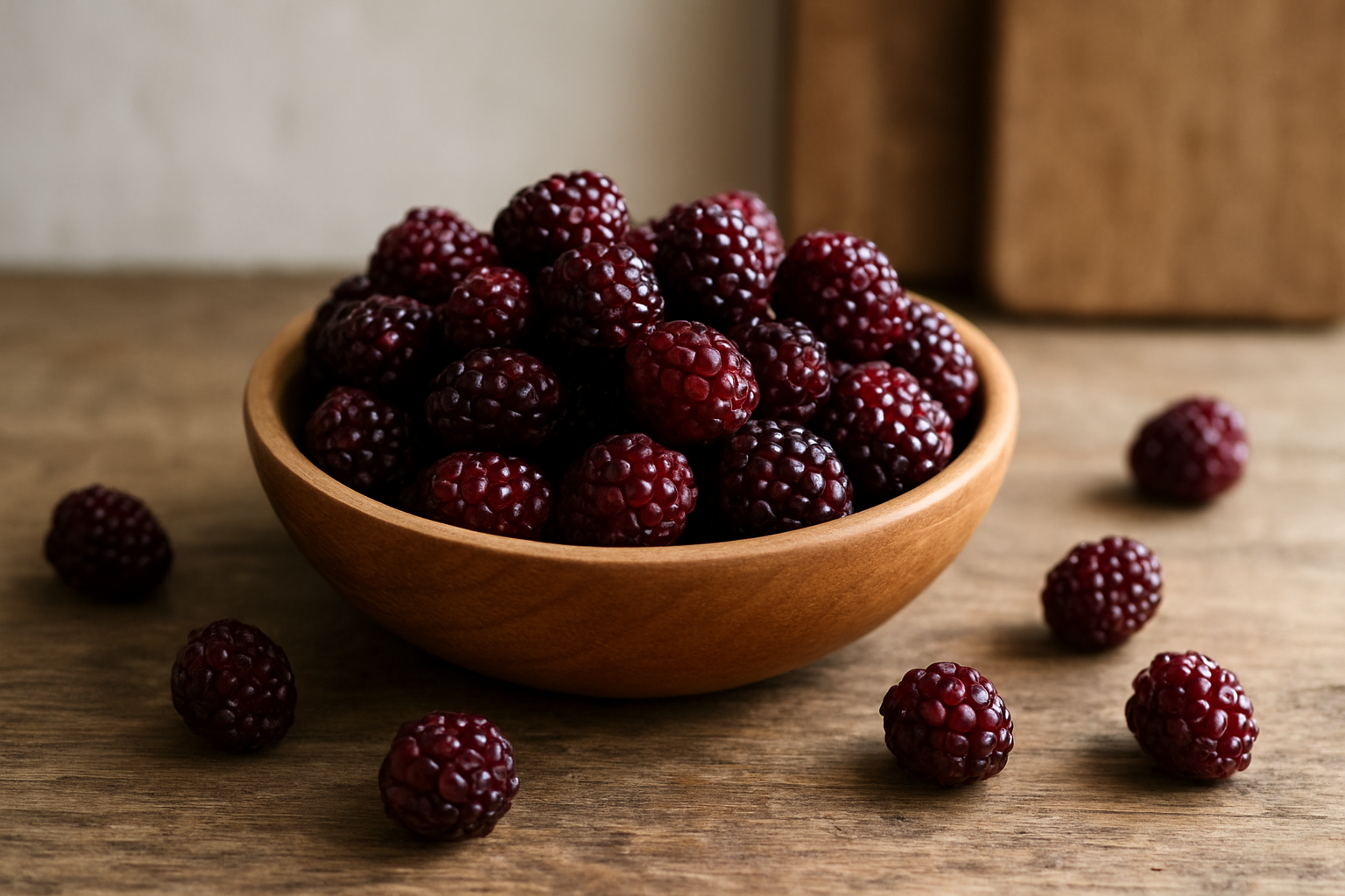 Create a realistic image of fresh boysenberries arranged in a wooden bowl on a rustic kitchen counter, with scattered individual berries around the bowl showcasing their deep purple-red color and plump texture, soft natural lighting from a nearby window creating gentle shadows, clean neutral background with subtle hints of kitchen elements like cutting boards or natural wood surfaces, emphasizing the vibrant colors and nutritious appearance of the berries, absolutely NO text should be in the scene.