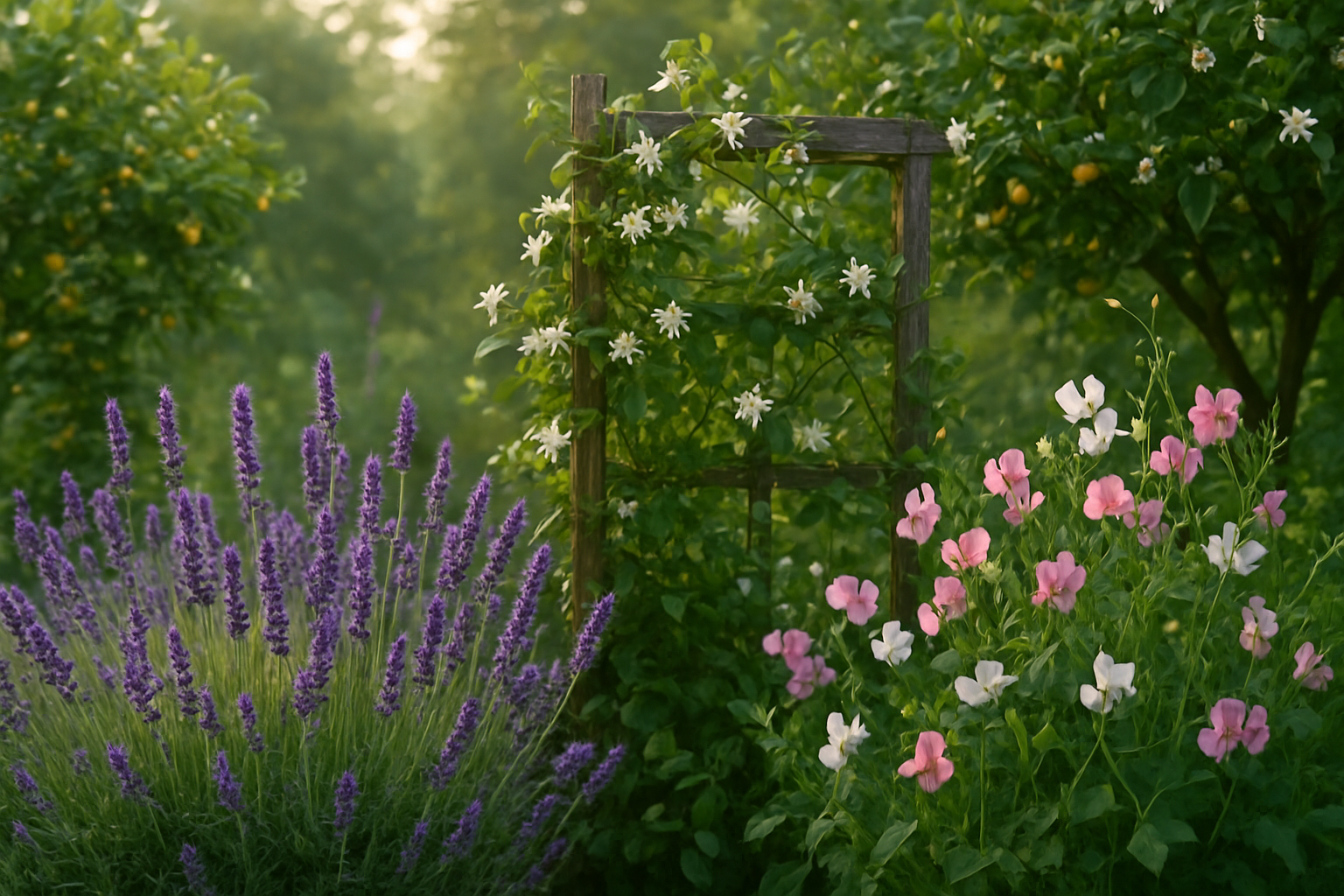 Create a realistic image of a lush botanical garden scene showcasing various plants and flowers that naturally contain linalool, featuring prominent lavender plants with purple flower spikes in the foreground, white jasmine flowers climbing on wooden trellises, pink and white sweet pea blossoms, and orange trees with small white citrus blossoms in the background, set in a serene natural environment with soft morning sunlight filtering through the garden, creating a peaceful and aromatic atmosphere that emphasizes the diversity of linalool-producing plants in nature, with rich green foliage and a gentle bokeh effect in the background, absolutely NO text should be in the scene.