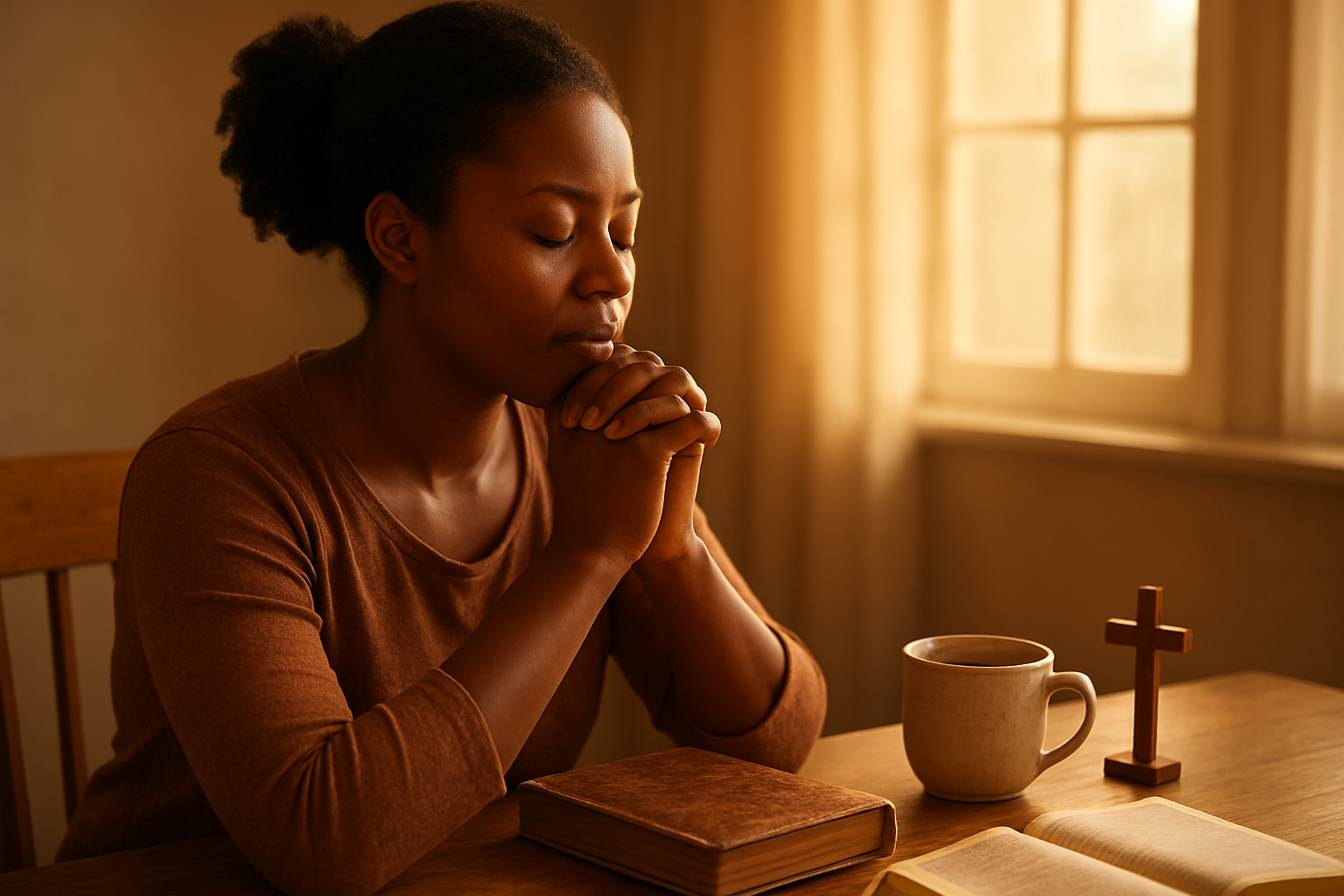 Create a realistic image of a black woman in her 30s sitting peacefully in a sunlit room, eyes gently closed in contemplative prayer or meditation, with soft morning light streaming through a window, a worn leather journal and cup of tea nearby on a wooden table, surrounded by subtle symbols of faith like a small cross or open Bible, conveying a sense of quiet spiritual resilience and self-compassion during challenging times, with warm golden lighting creating a serene and hopeful atmosphere, absolutely NO text should be in the scene.