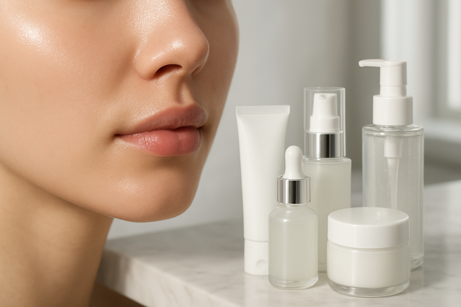 Create a realistic image of a close-up view of smooth, glowing facial skin with visible improvement and clarity, surrounded by high-end skincare products including serums, moisturizers, and gentle cleansers arranged on a clean white marble surface, with soft natural lighting from a window creating a bright and clinical atmosphere that suggests professional skincare results, emphasizing the transformation and optimization of skin health through proper treatment care, absolutely NO text should be in the scene.