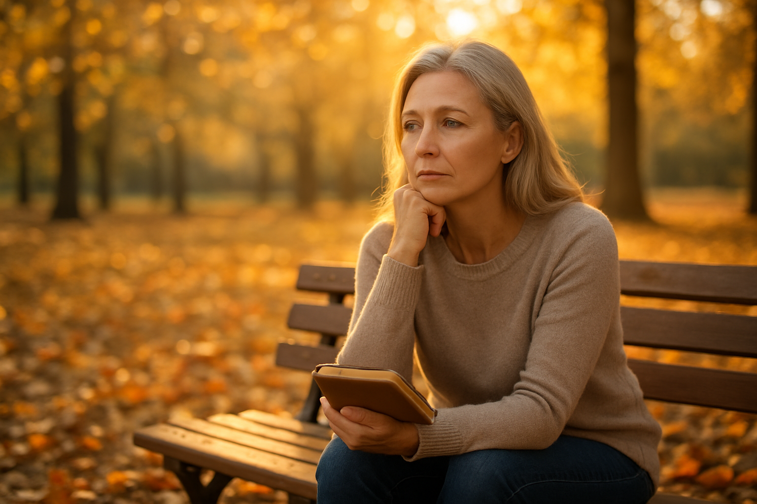 Create a realistic image of a mature white female in her 40s sitting thoughtfully on a park bench, holding a small journal, with soft golden hour lighting filtering through trees in the background, creating a peaceful and contemplative atmosphere that suggests wisdom and new beginnings, while fallen autumn leaves scattered on the ground symbolize life's transitions, absolutely NO text should be in the scene.