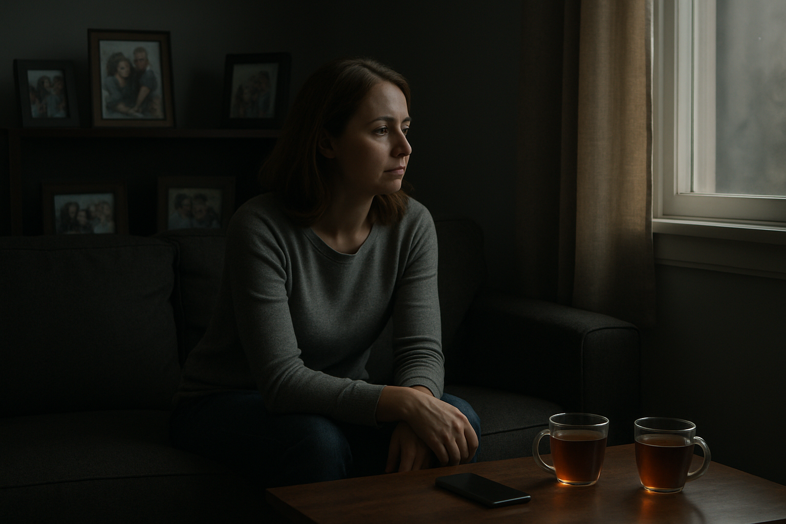 Create a realistic image of a white female mother sitting alone on a couch in a dimly lit living room, looking pensively out a window, with her smartphone lying face-down on a coffee table beside untouched cups of cold tea, while family photos on nearby shelves show happier times with friends, the scene conveying isolation and loneliness through soft, melancholic lighting and muted colors, absolutely NO text should be in the scene.
