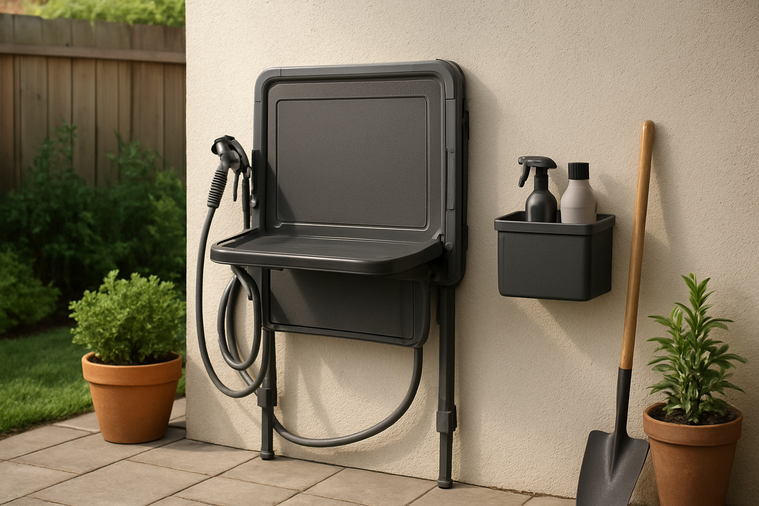 Create a realistic image of a compact folding dog washing station cleverly stored against a garage wall in a small backyard, with the station folded flat and mounted on wall brackets, showing space-saving design with attachable hoses and accessories neatly organized in a small storage box nearby, surrounded by a tidy patio area with potted plants and garden tools, natural daylight illuminating the organized storage solution, absolutely NO text should be in the scene.