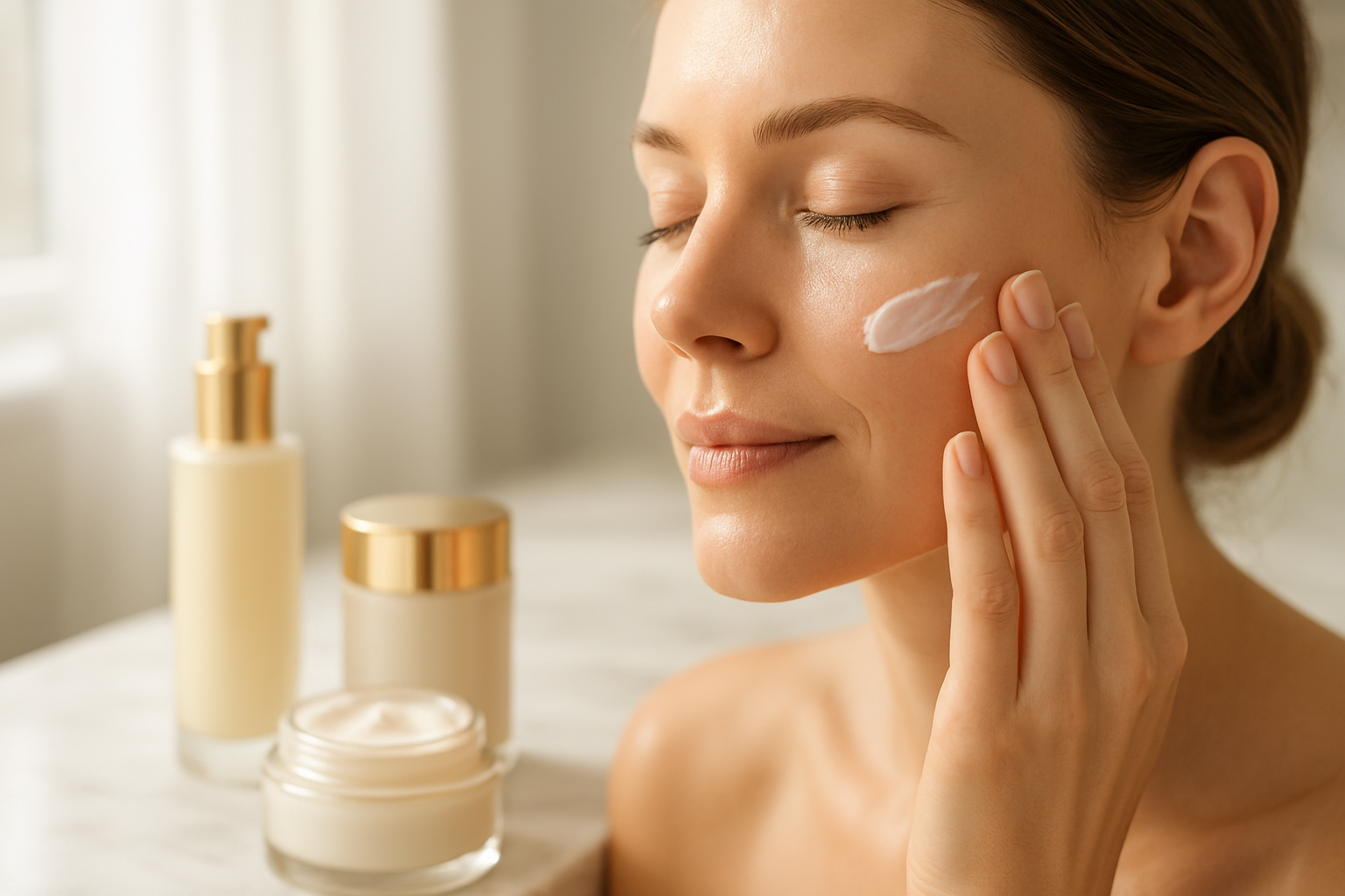 Create a realistic image of a close-up view showing a white female's hands gently applying a luxurious anti-aging cream to her glowing, healthy facial skin, with elegant skincare product bottles and containers arranged on a clean marble vanity surface in the background, soft natural lighting streaming through a window creating a serene spa-like atmosphere, emphasizing healthy radiant skin texture and a sense of self-care luxury, shot in a bright and uplifting mood that conveys wellness and beauty investment, absolutely NO text should be in the scene.