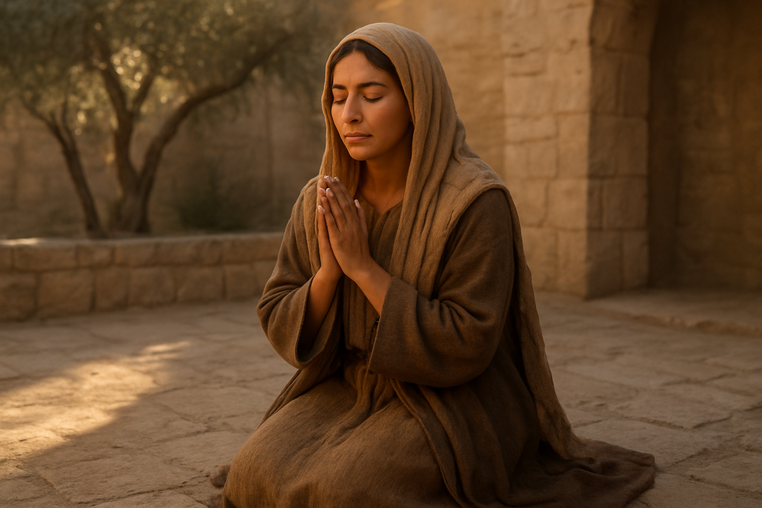Create a realistic image of a Middle Eastern woman in biblical-era clothing kneeling in prayer with her hands clasped together and eyes closed, wearing earth-toned robes and a head covering, positioned in a simple stone courtyard with soft golden sunlight filtering through, creating a peaceful and reverent atmosphere that conveys deep faith and trust, with olive trees visible in the background and a serene expression of hope on her face, absolutely NO text should be in the scene.