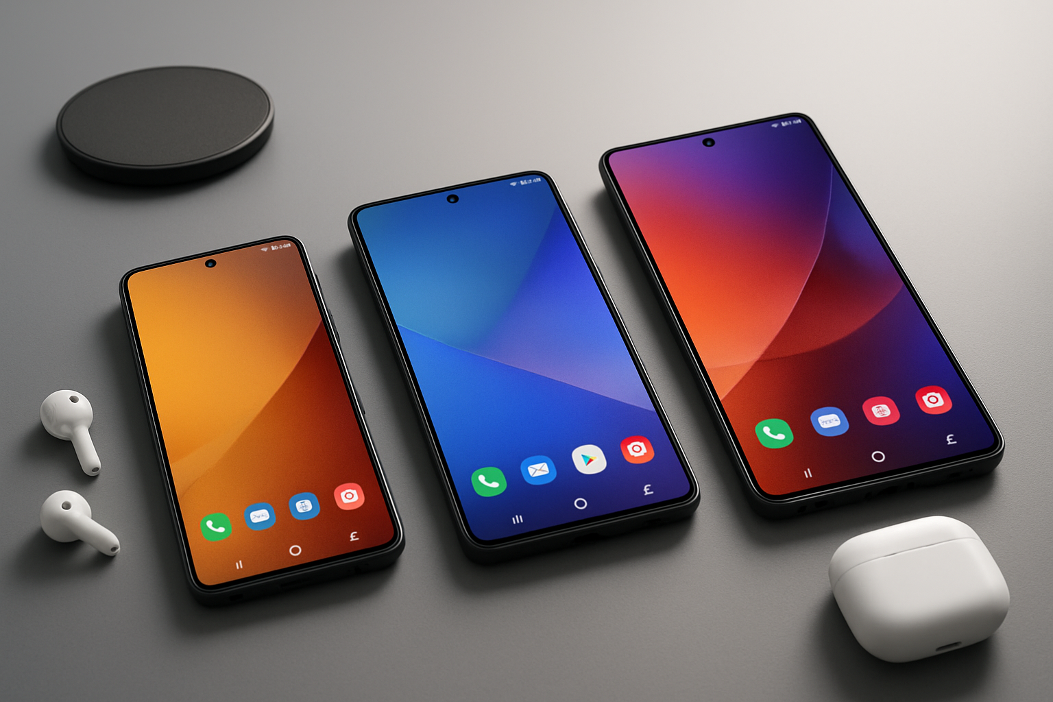 Create a realistic image of three Samsung Galaxy S26 smartphones (basic, Plus, and Ultra models) elegantly arranged on a sleek modern desk surface, with the phones displaying their home screens showing different vibrant wallpapers, positioned at slight angles to showcase their premium design and varying sizes, surrounded by subtle tech accessories like wireless earbuds and a charging pad, with soft professional studio lighting creating gentle reflections on the phone screens and surfaces, against a clean minimalist background with a subtle gradient from light gray to white, conveying a premium technology review conclusion atmosphere, absolutely NO text should be in the scene.