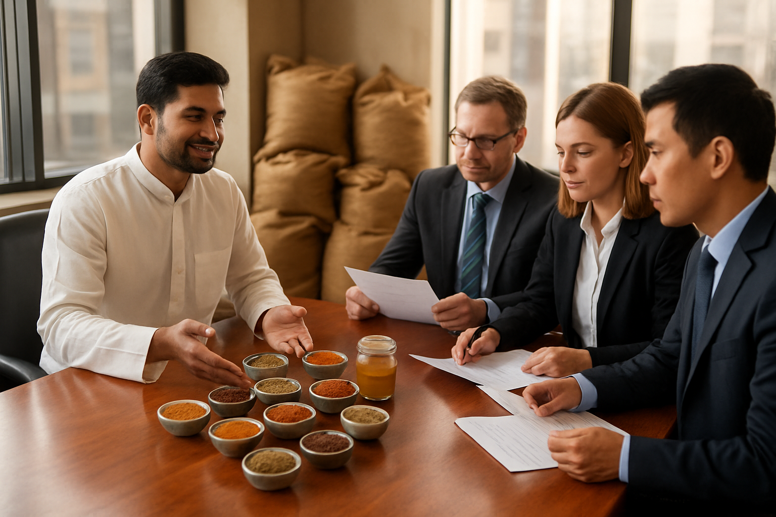 Create a realistic image of a professional business meeting scene with an Indian male businessman in traditional white kurta presenting colorful spice samples in small bowls and containers on a polished wooden conference table, across from international buyers examining quality certificates and documentation, with burlap sacks of various aromatic spices visible in the background, warm natural lighting streaming through office windows, conveying trust and professionalism in a modern spice trading office environment, absolutely NO text should be in the scene.