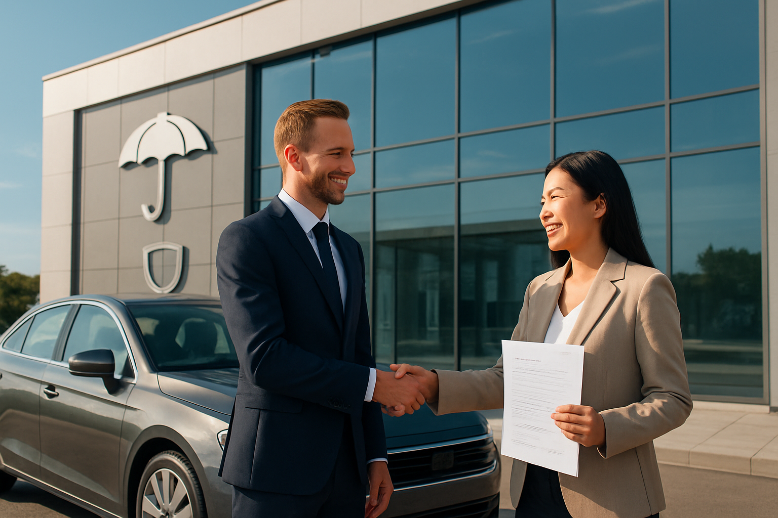 Create a realistic image of a sleek modern car parked in front of a contemporary insurance office building with large glass windows, featuring a professional white male insurance agent in a navy blue suit shaking hands with a satisfied Asian female client holding car insurance documents, with a bright blue sky backdrop and warm natural lighting conveying trust and security, surrounded by subtle elements like a protective umbrella symbol and shield icon integrated into the building's architecture, absolutely NO text should be in the scene.