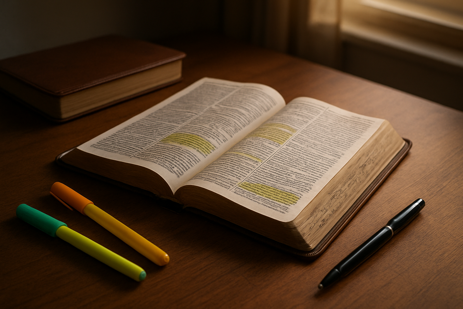 Create a realistic image of an open Bible with highlighted verses and handwritten notes in the margins, surrounded by a leather-bound journal, colored highlighters, and a pen on a wooden desk surface, with soft warm natural lighting coming from a nearby window creating gentle shadows, conveying a peaceful and focused study atmosphere. Absolutely NO text should be in the scene.