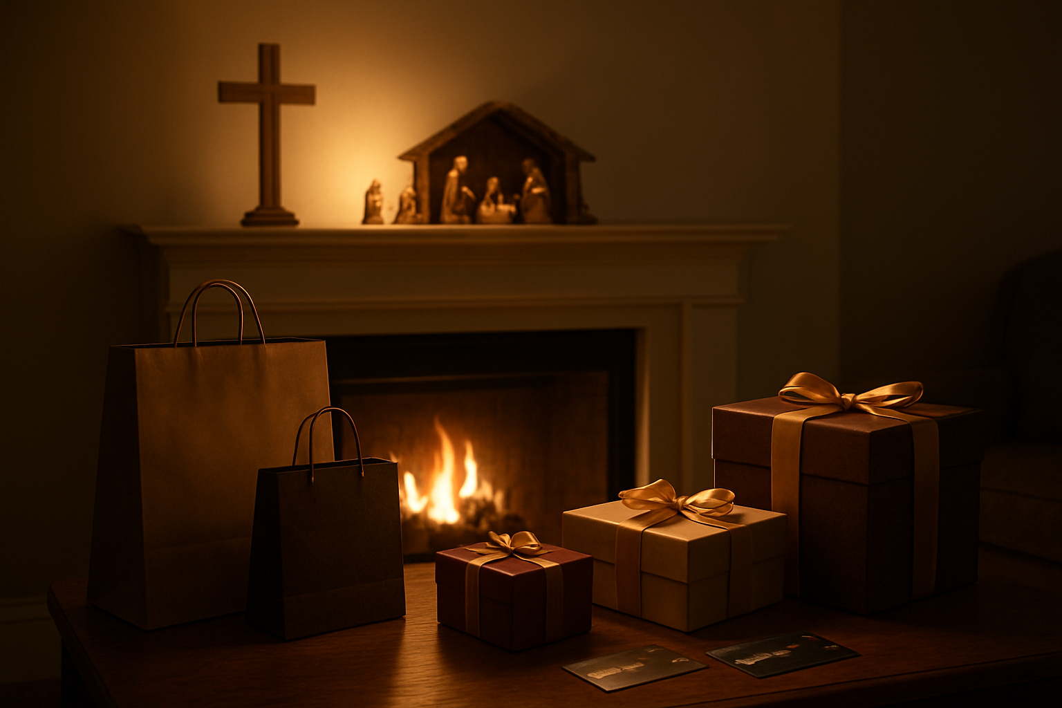 Create a realistic image of a peaceful living room scene with a simple wooden cross and nativity scene on a mantelpiece, contrasted against shopping bags, credit cards, and expensive wrapped gifts scattered on a coffee table below, with warm golden lighting from a fireplace creating a contemplative atmosphere that highlights the spiritual elements while showing the material items in shadow, absolutely NO text should be in the scene.