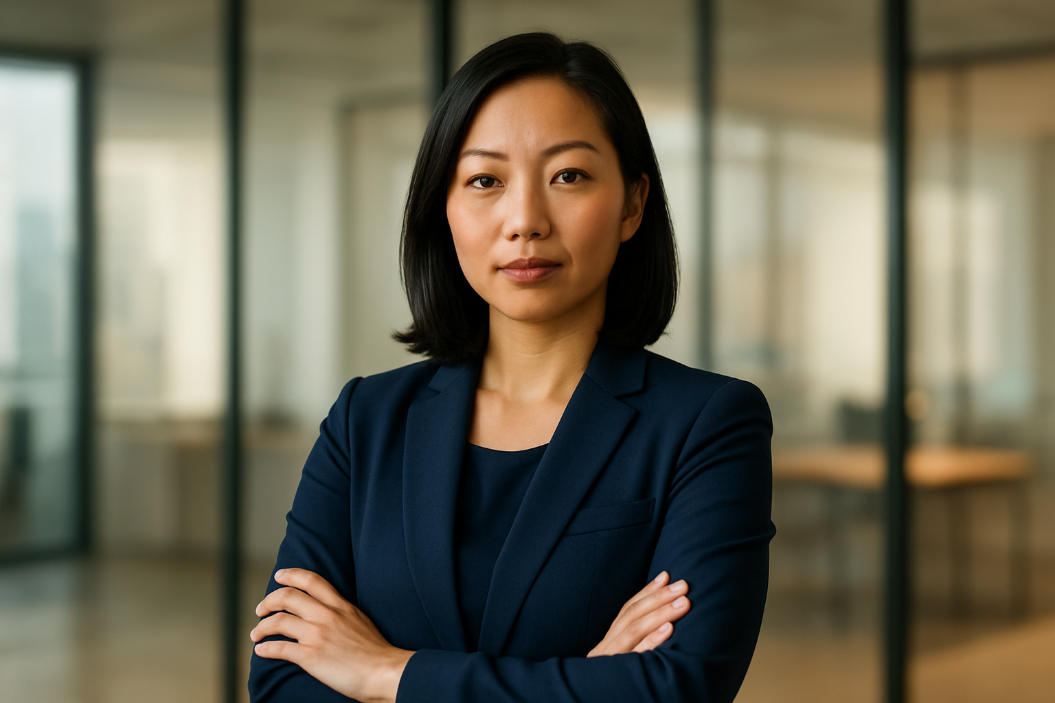 Create a realistic image of a confident Asian female professional in her 30s standing with arms crossed and a calm, assertive expression, wearing a navy blue blazer, positioned in a modern office setting with glass walls and natural lighting streaming through large windows, with a soft-focus background showing a desk and minimal decor, conveying strength and self-assurance through her posture and facial expression, shot in natural daylight with warm tones, absolutely NO text should be in the scene.