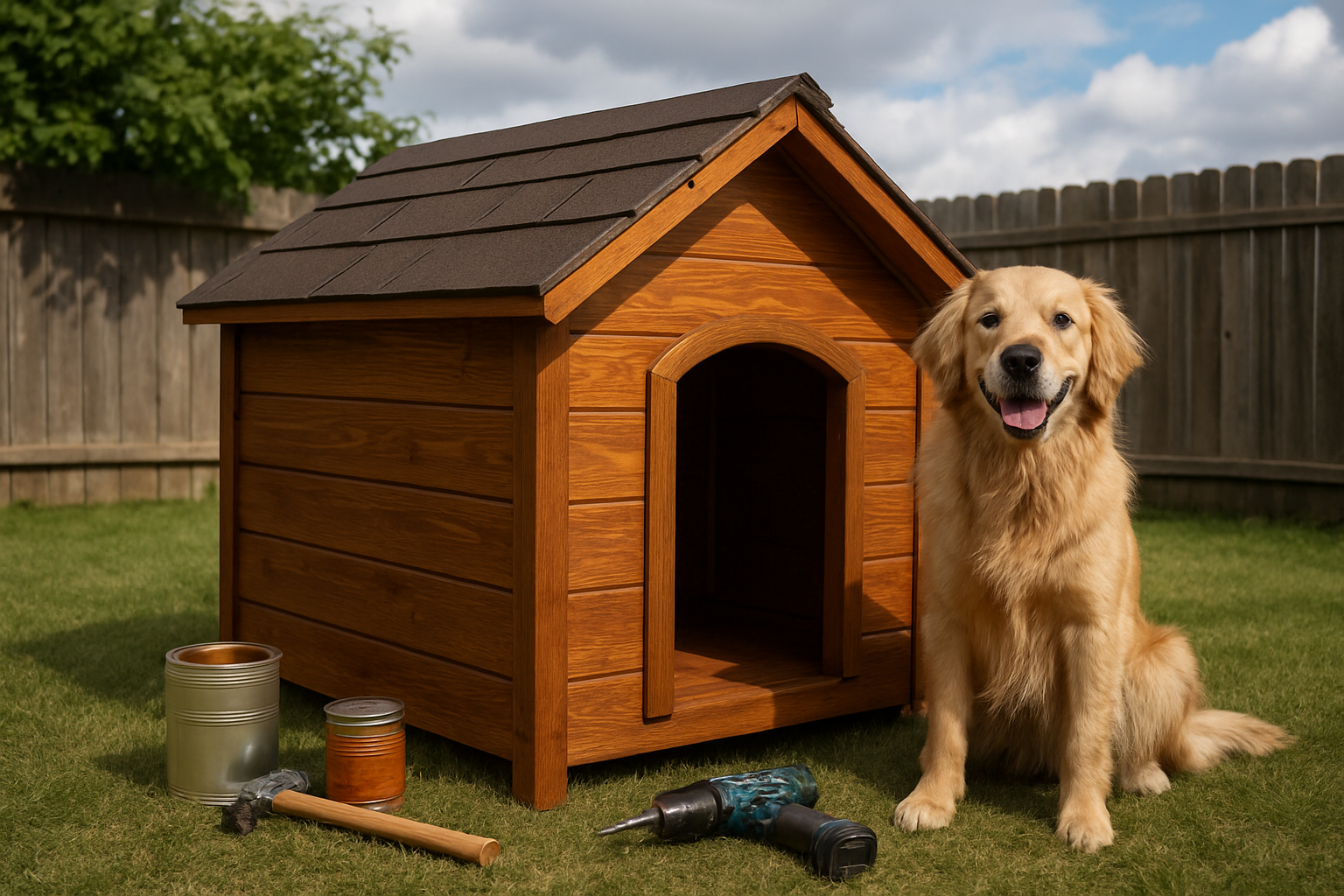 Create a realistic image of a completed weatherproof dog house in a backyard setting, featuring a well-built wooden structure with a slanted roof, weatherproof sealant coating, and professional finishing touches, surrounded by construction tools like a hammer, drill, and wood stain containers neatly organized nearby, with a happy golden retriever dog sitting contentedly beside the entrance of the dog house, set against a partly cloudy sky background that suggests recent weather changes, with natural daylight creating soft shadows that highlight the craftsmanship and durability of the finished project, absolutely NO text should be in the scene.