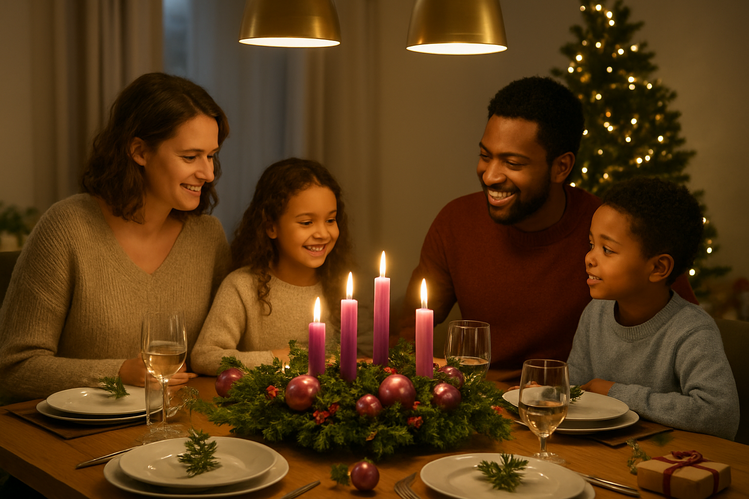 Create a realistic image of a modern family Christmas dinner table beautifully decorated with traditional Advent symbols integrated into contemporary holiday decor, featuring a mixed-race family of white and black adults and children gathered around the table, with purple and pink Advent candles lit in a wreath centerpiece alongside modern Christmas ornaments, warm golden lighting from overhead pendant lights mixing with soft candlelight, fresh greenery and holly arranged with sleek modern tableware, wrapped gifts visible in the background under a contemporary Christmas tree, creating a warm and peaceful atmosphere that blends traditional Christian Advent themes with modern holiday celebration style, absolutely NO text should be in the scene.