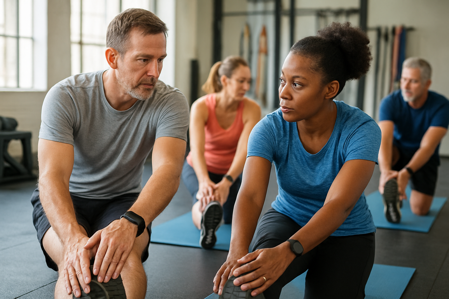 Create a realistic image of a diverse group of middle-aged runners including a white male and black female both around 45 years old, wearing modern athletic gear and fitness trackers, stretching and warming up together in a well-lit indoor gym with exercise equipment, yoga mats, and resistance bands visible in the background, bright natural lighting streaming through large windows, conveying a professional fitness training atmosphere focused on proper form and technique, absolutely NO text should be in the scene.