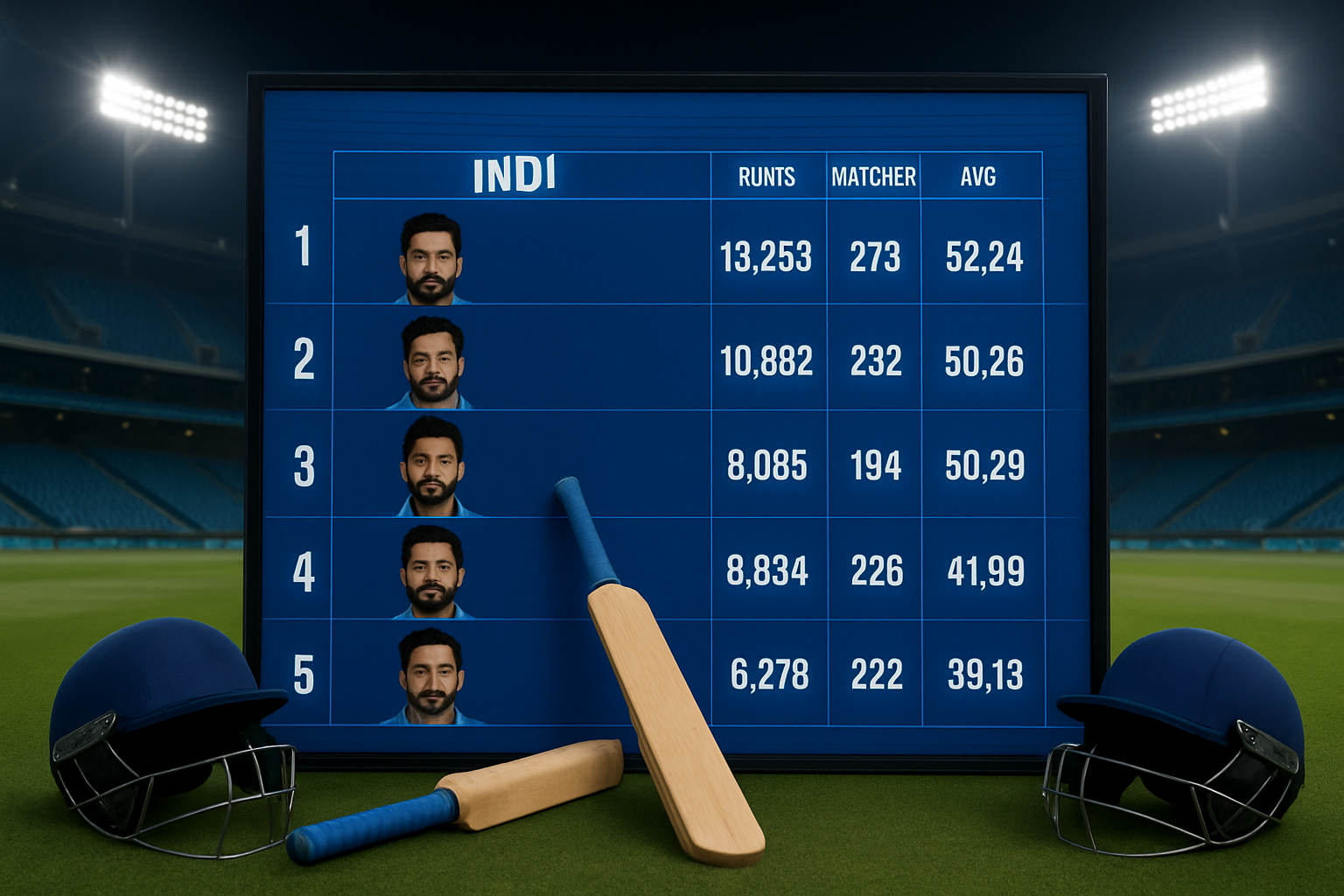 Create a realistic image of a professional cricket statistics display showing Indian ODI batting rankings, featuring a large digital scoreboard or LED display with player statistics including runs scored, matches played, and averages, with cricket equipment like bats and helmets arranged in the foreground, set against the backdrop of a modern cricket stadium with empty blue seats, bright stadium lighting creating a professional sports atmosphere, and the Indian cricket team's blue jersey colors prominently featured in the scene, absolutely NO text should be in the scene.