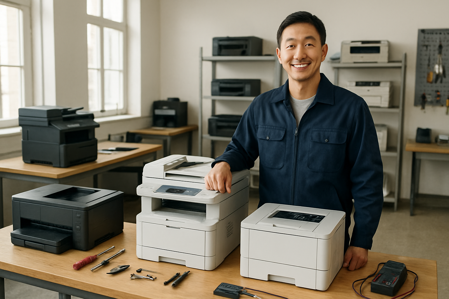 Create a realistic image of a professional printer repair service conclusion scene showing a clean, well-organized repair workshop with various types of printers (inkjet, laser, multifunction) neatly arranged on workbenches, some fully repaired and ready for pickup, repair tools and diagnostic equipment visible on the tables, soft natural lighting from windows creating a trustworthy atmosphere, with a satisfied Asian male technician in work uniform standing beside successfully repaired printers, conveying completion and professional service quality, absolutely NO text should be in the scene.