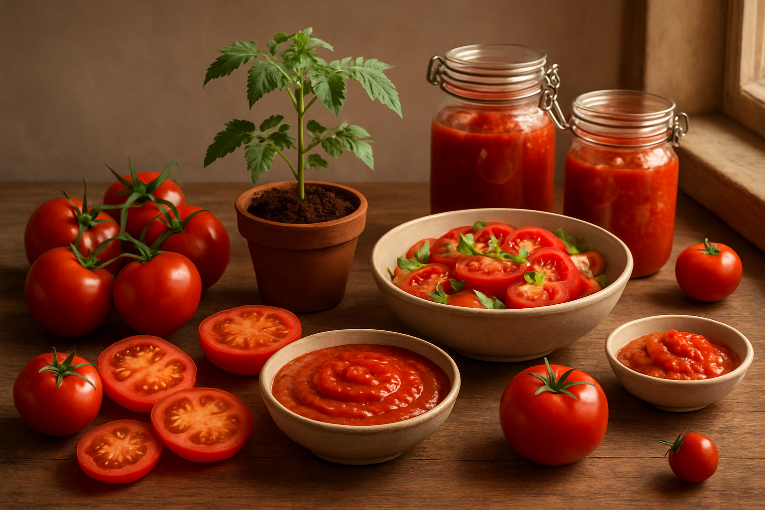 Create a realistic image of a beautifully arranged display showcasing the complete tomato journey, featuring fresh red ripe tomatoes on the vine, sliced tomatoes revealing their internal structure, a small potted tomato plant with green leaves, various tomato-based dishes like pasta sauce and salad in ceramic bowls, glass jars filled with preserved tomatoes, and fresh tomato ingredients scattered on a rustic wooden kitchen counter, with warm natural lighting from a nearby window creating soft shadows, conveying a sense of completion and comprehensive knowledge about tomatoes, absolutely NO text should be in the scene.