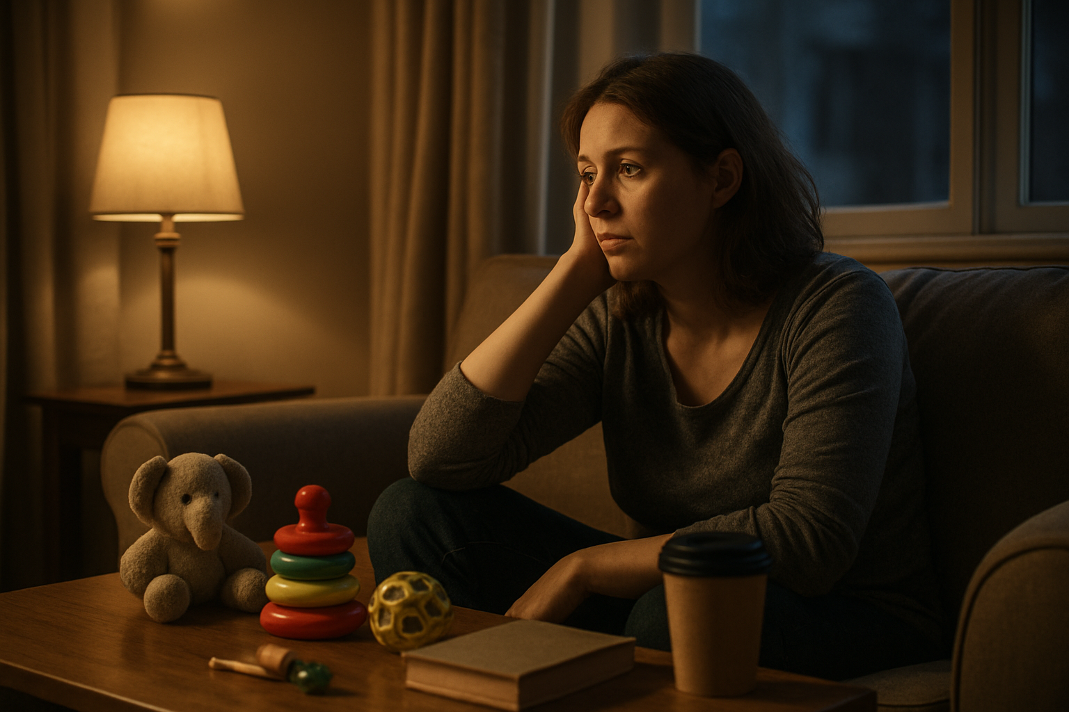 Create a realistic image of a tired white female mother in her 30s sitting alone on a couch in a dimly lit living room during evening hours, looking pensively out a window while baby toys and scattered personal items like an unopened book and cold coffee cup sit nearby on a coffee table, with soft warm lighting from a table lamp creating a contemplative and slightly melancholic atmosphere that conveys feelings of confinement and lost personal time, absolutely NO text should be in the scene.
