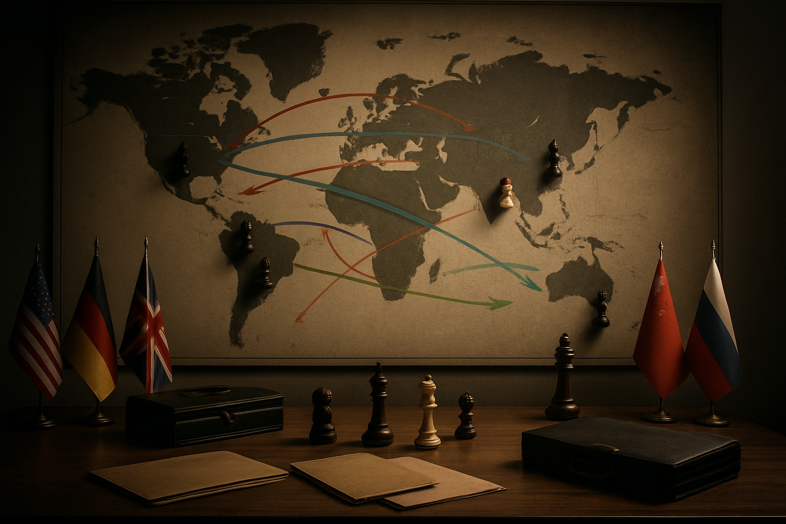 Create a realistic image of a large world map displayed on a wall with multiple colored arrows and lines connecting different regions, showing shifting alliances and power dynamics, with chess pieces strategically placed on various countries including the United States, Iran, China, Russia, and European nations, diplomat briefcases and folders scattered on a wooden table in the foreground, flags of major world powers arranged around the map, dramatic lighting casting shadows across the scene to emphasize the serious nature of global strategic planning, absolutely NO text should be in the scene.