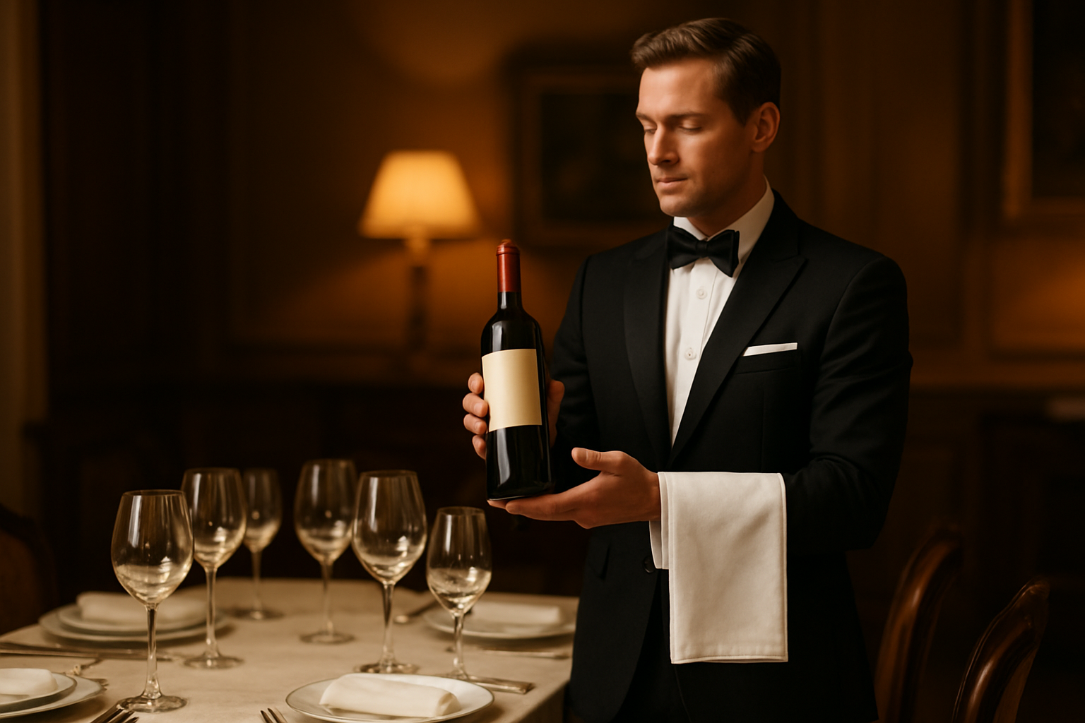 Create a realistic image of an elegant white male sommelier in formal attire professionally presenting a wine bottle to guests at an upscale dinner party, demonstrating proper wine service technique with a crisp white napkin draped over his arm, standing beside a beautifully set dining table with crystal wine glasses, fine china, and silverware in a sophisticated dining room with warm ambient lighting and rich wooden furniture in the background, capturing the refined atmosphere of professional wine service. Absolutely NO text should be in the scene.
