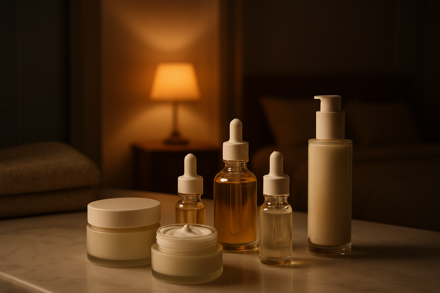Create a realistic image of a serene nighttime skincare scene featuring skincare products specifically for dry skin repair arranged on a clean white marble bathroom countertop, including night cream jars, facial oils, serums, and moisturizers with soft ambient lighting from a bedside lamp creating a warm glow, with a subtle background showing a cozy bedroom setting through a doorway, emphasizing the peaceful nighttime atmosphere for skin restoration and repair routines, absolutely NO text should be in the scene.