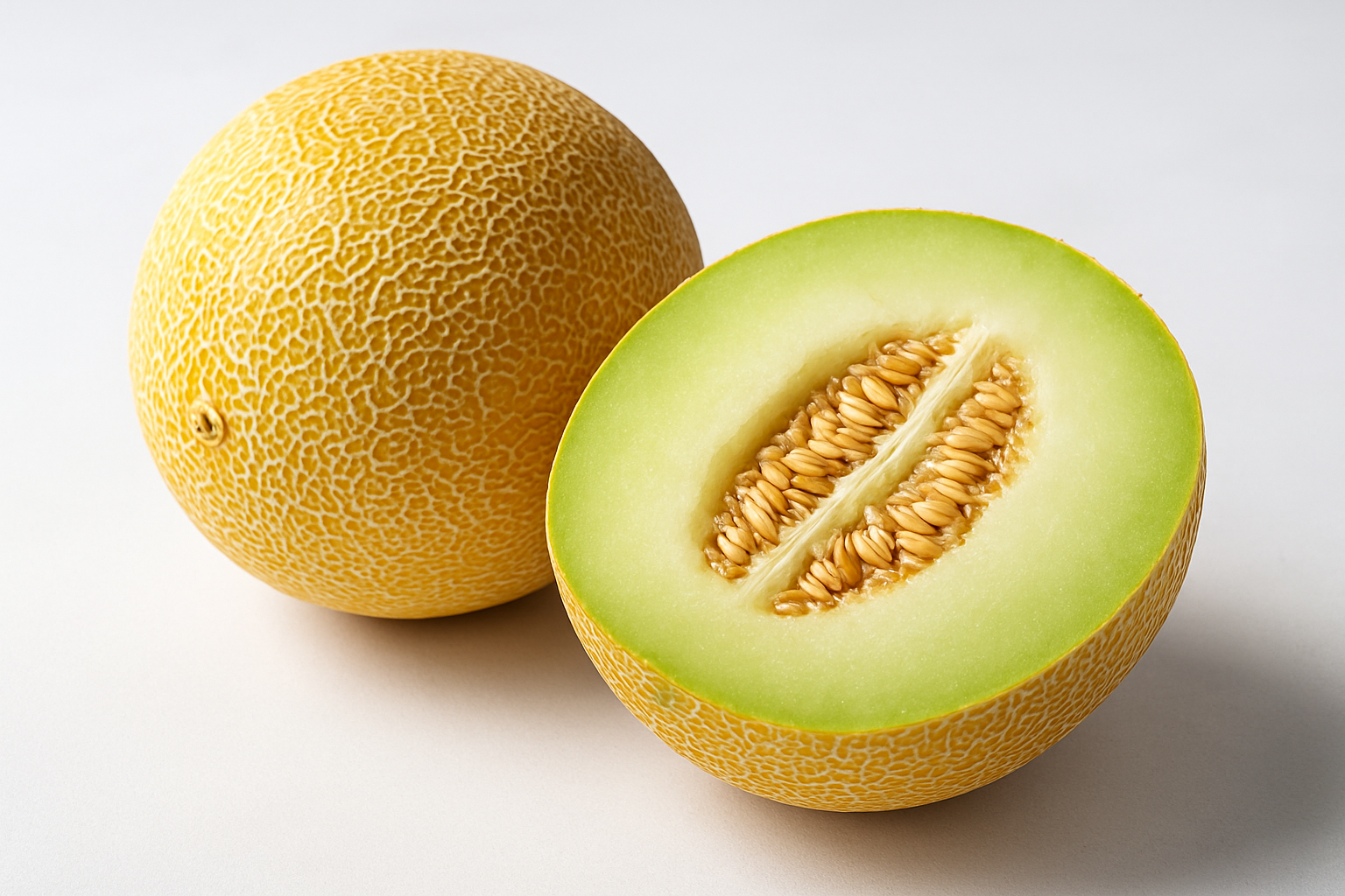 Create a realistic image of a whole Galia melon and a half-cut Galia melon displayed on a clean white surface, showcasing the distinctive netted golden-yellow rough textured skin on the outside and the pale green to white sweet flesh inside with visible seeds in the central cavity, with natural daylight lighting highlighting the melon's unique visual characteristics and textures that distinguish it from other melon varieties, absolutely NO text should be in the scene.