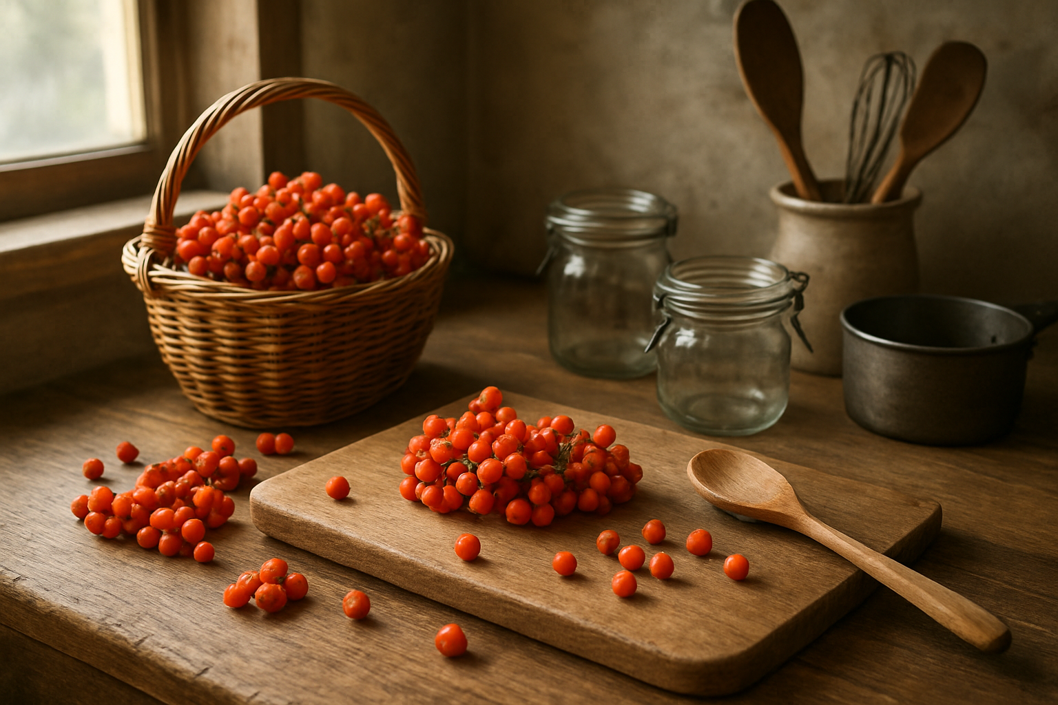 Create a realistic image of a rustic wooden kitchen counter with fresh rowanberries being prepared for cooking, showing clusters of bright orange-red rowanberries in a wicker basket, some berries scattered on a cutting board, a wooden spoon, glass jars for preserves, a small saucepan, and kitchen utensils arranged naturally, with soft natural lighting from a window creating warm shadows, displaying the culinary preparation process in a cozy farmhouse kitchen setting, Absolutely NO text should be in the scene.