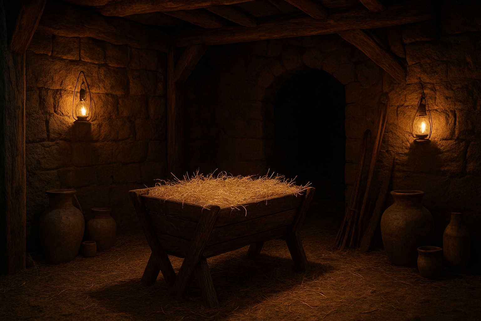 Create a realistic image of an ancient Middle Eastern stable scene with a rustic wooden manger filled with straw at the center, surrounded by stone walls and wooden beams typical of first-century Palestinian architecture, with oil lamps casting warm golden light creating dramatic shadows, hay scattered on the ground, pottery vessels and clay jars in the background, ancient farming tools leaning against weathered stone walls, with a peaceful nighttime atmosphere suggesting historical biblical times, absolutely NO text should be in the scene.