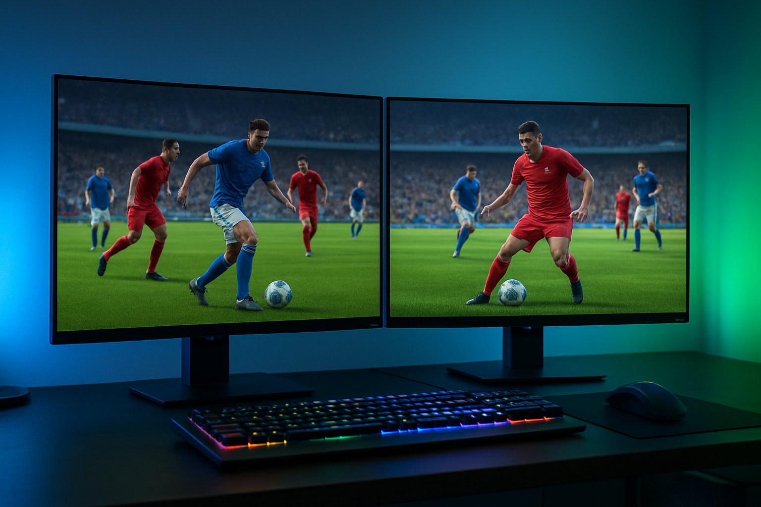 Create a realistic image of a split-screen comparison showing a high-quality free sports game on one side and a premium annual sports release on the other side, both displayed on computer monitors side by side on a gaming desk, with realistic soccer/football gameplay footage visible on both screens featuring detailed player models and stadium environments, modern gaming setup with RGB lighting creating a competitive atmosphere, clean indoor gaming room background with subtle blue and green accent lighting, emphasizing the visual similarity and quality between both games, absolutely NO text should be in the scene.