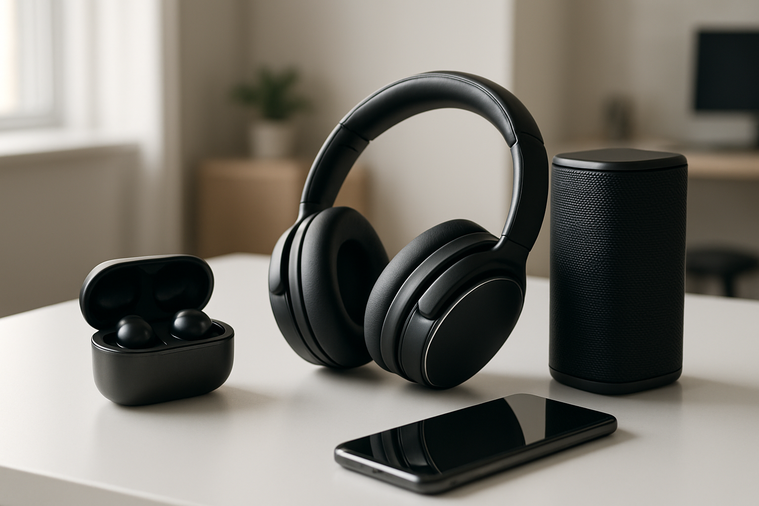 Create a realistic image of premium wireless earbuds, over-ear headphones, and a portable Bluetooth speaker elegantly arranged on a modern white desk surface next to a smartphone, with soft natural lighting from a window creating gentle shadows, showcasing the sleek black and silver finishes of the audio devices, with a minimalist background featuring a blurred home office setting, absolutely NO text should be in the scene.