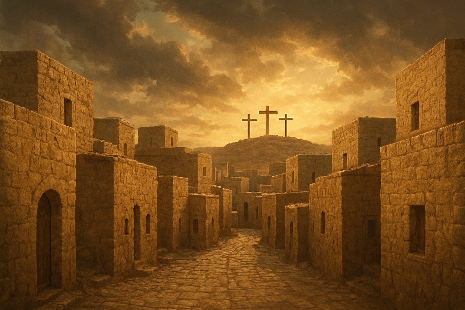 Create a realistic image of an ancient Jerusalem cityscape during biblical times, featuring stone buildings with flat rooftops, narrow cobblestone streets, and the prominent silhouette of three wooden crosses on a hill in the distant background under a dramatic cloudy sky, with warm golden lighting suggesting late afternoon, creating a solemn and historically authentic atmosphere that evokes the time period of Christ's crucifixion, absolutely NO text should be in the scene.