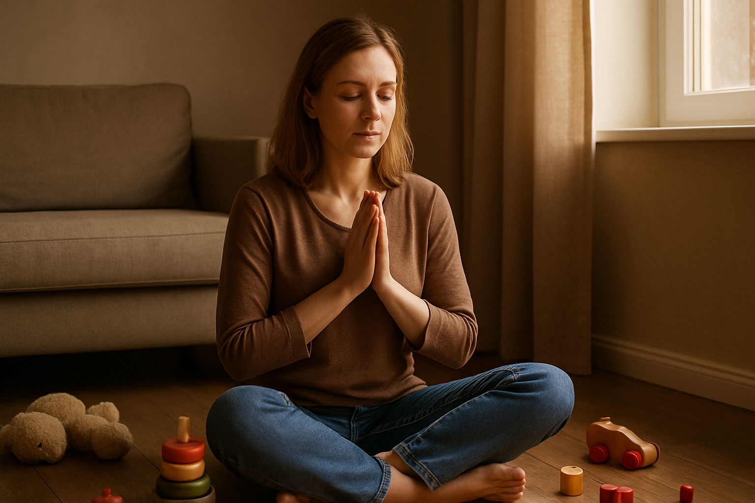 Create a realistic image of a white female mother sitting in a quiet corner of her home, eyes closed in a peaceful prayer pose with hands gently clasped together, while children's toys are scattered around her feet, soft natural light streaming through a nearby window creating a serene atmosphere that conveys inner strength and tranquility amidst the chaos of daily parenting life, with warm earth tones dominating the scene to evoke comfort and spiritual grounding, absolutely NO text should be in the scene.