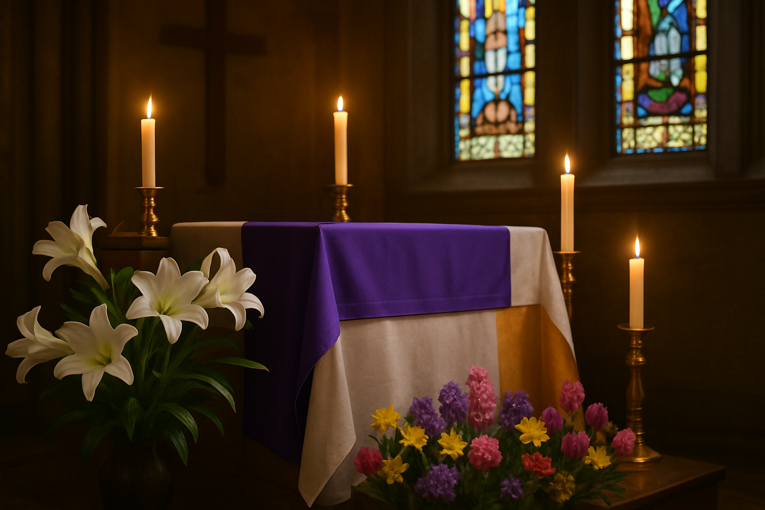 Create a realistic image of traditional Easter colors displayed in a sacred church setting with purple, white, and gold liturgical cloths draped over an altar, fresh white lilies and colorful spring flowers arranged nearby, soft golden candlelight illuminating the scene, stained glass windows casting gentle colored light in the background, creating a peaceful and reverent atmosphere that emphasizes the spiritual significance of Easter colors, absolutely NO text should be in the scene.