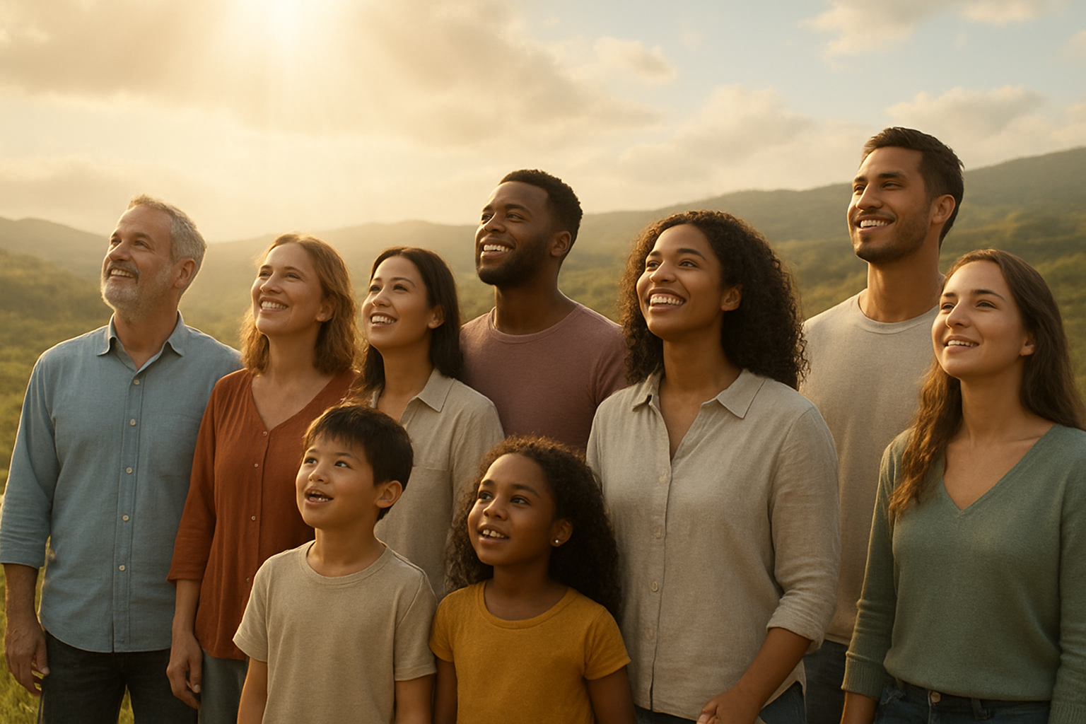 Create a realistic image of a diverse group of people from different ethnicities including white, black, Asian, and Hispanic men, women, and children standing together in a peaceful outdoor setting with rolling hills in the background, all looking upward with expressions of hope and joy on their faces, soft golden sunlight streaming down from above creating a warm and inspiring atmosphere, with some people holding hands to represent unity and togetherness, surrounded by gentle nature elements like grass and distant mountains under a serene sky with soft clouds, conveying a sense of universal hope and salvation reaching all of humanity, absolutely NO text should be in the scene.