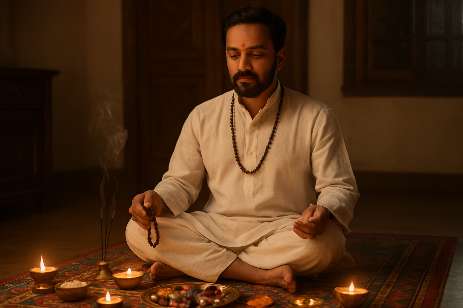 உச்சம் vs நீச்சம்: எது உங்கள் வாழ்க்கையை மாற்றும்? Create a realistic image of an Indian male astrologer in traditional white clothing sitting cross-legged on a colorful prayer mat, performing remedial rituals with lit oil lamps, incense sticks creating gentle smoke, small brass bowls containing sacred items like rice and flowers, gemstones arranged in a circular pattern, prayer beads in his hands, warm golden lighting from the oil lamps creating a peaceful spiritual atmosphere, traditional Indian home interior with wooden elements in the background, serene and meditative mood suggesting positive transformation and spiritual healing, Absolutely NO text should be in the scene.